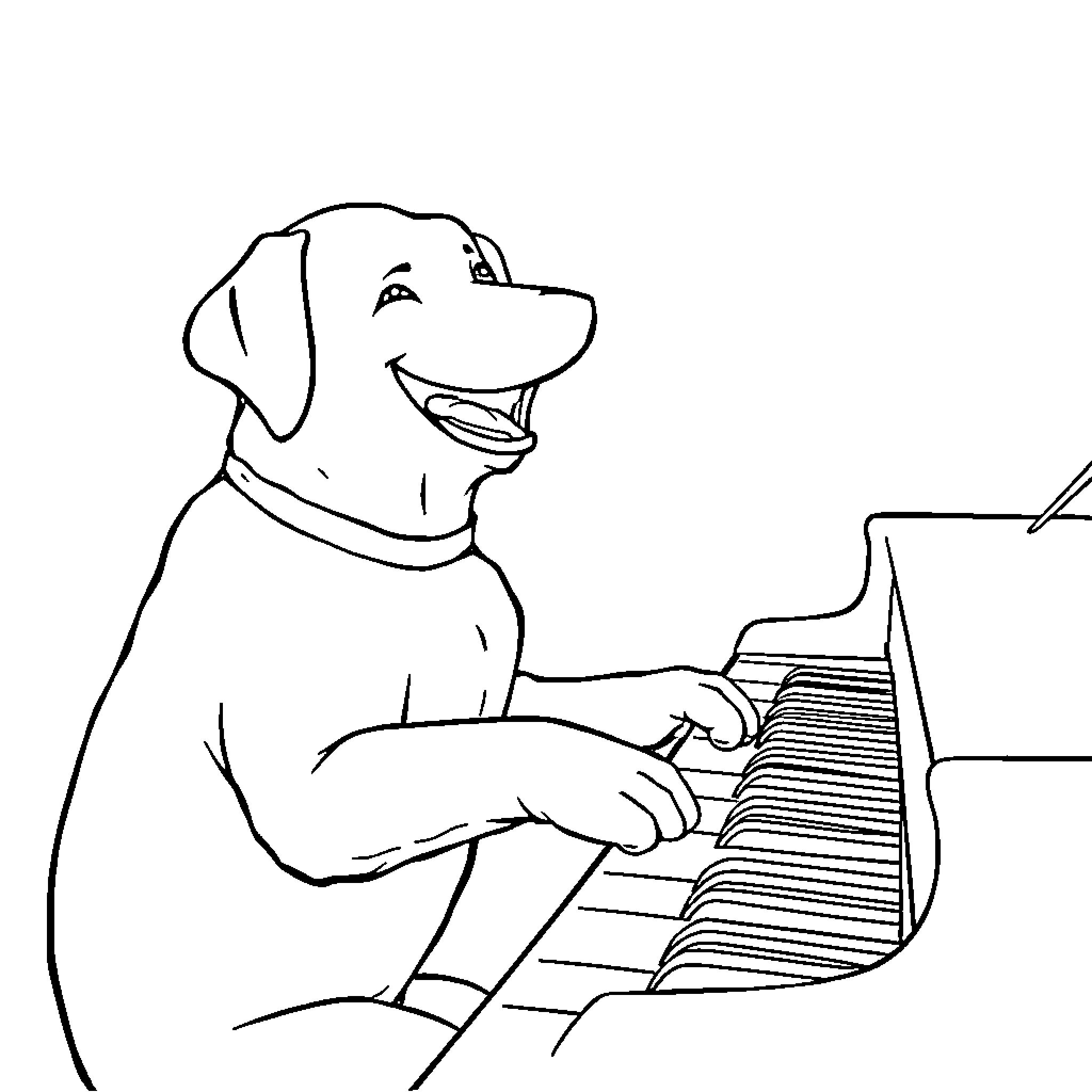 Labrador playing piano with joy Coloring Page (free black-and-white line drawing printable PDF for all, from beginners to advanced learners, including children, teens, adults, and seniors)