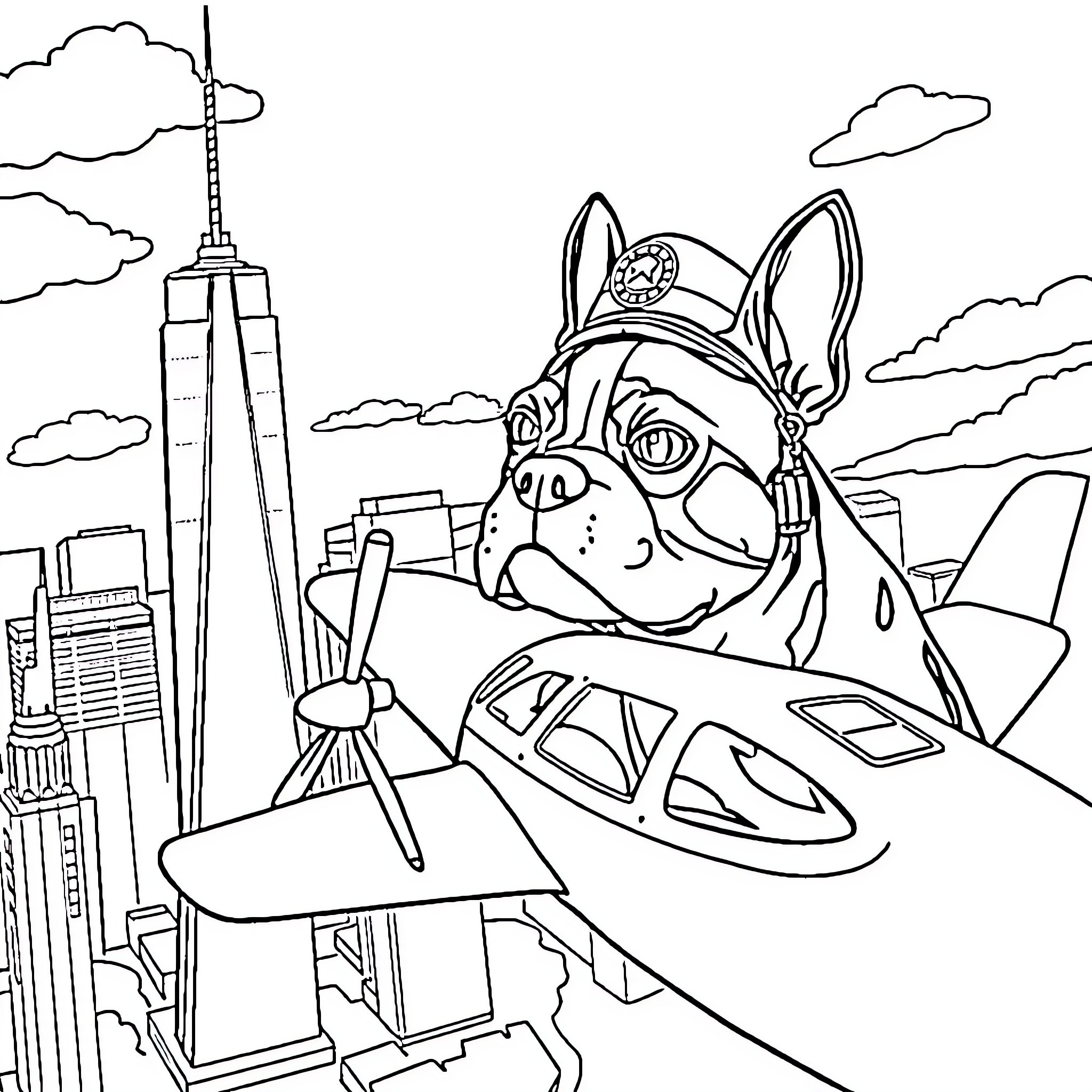 Boston Terrier flying a small plane over the city Coloring Page (free black-and-white line drawing printable PDF for all, from beginners to advanced learners, including children, teens, adults, and seniors)