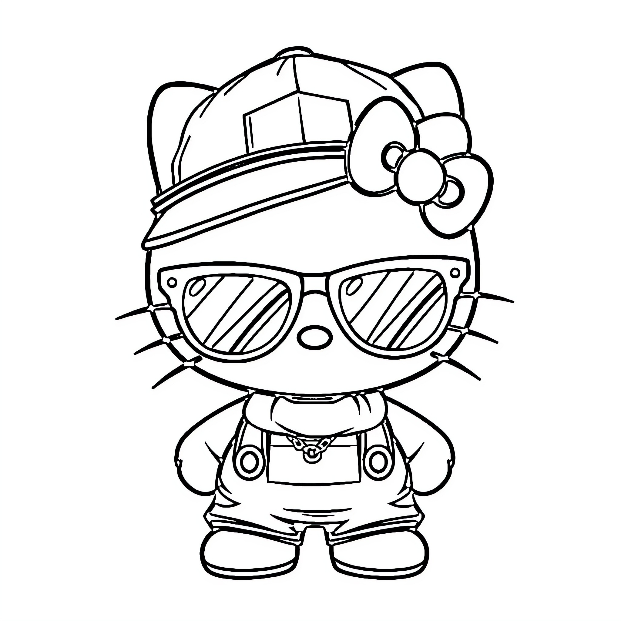 Hello Kitty wearing a cap and sunglasses Coloring Page (free black-and-white line drawing printable PDF for all, from beginners to advanced learners, including children, teens, adults, and seniors)