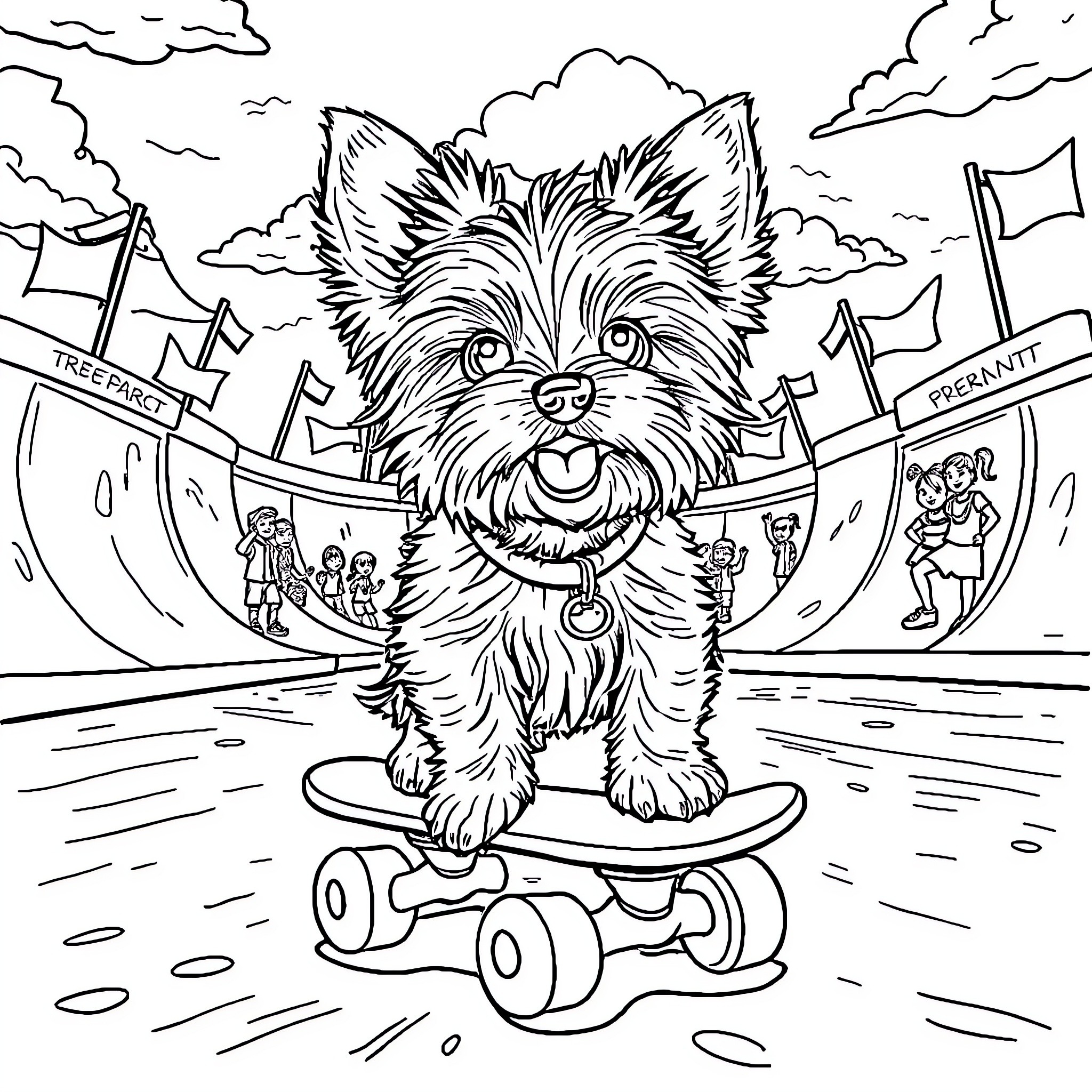 Yorkie skateboarding in the park Coloring Page (free black-and-white line drawing printable PDF for all, from beginners to advanced learners, including children, teens, adults, and seniors)