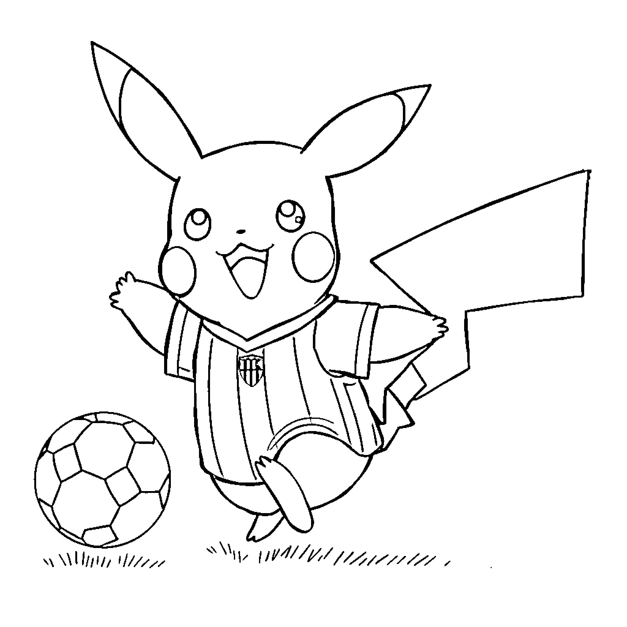Pikachu playing with a soccer ball Coloring Page (free black-and-white line drawing printable PDF for all, from beginners to advanced learners, including children, teens, adults, and seniors)