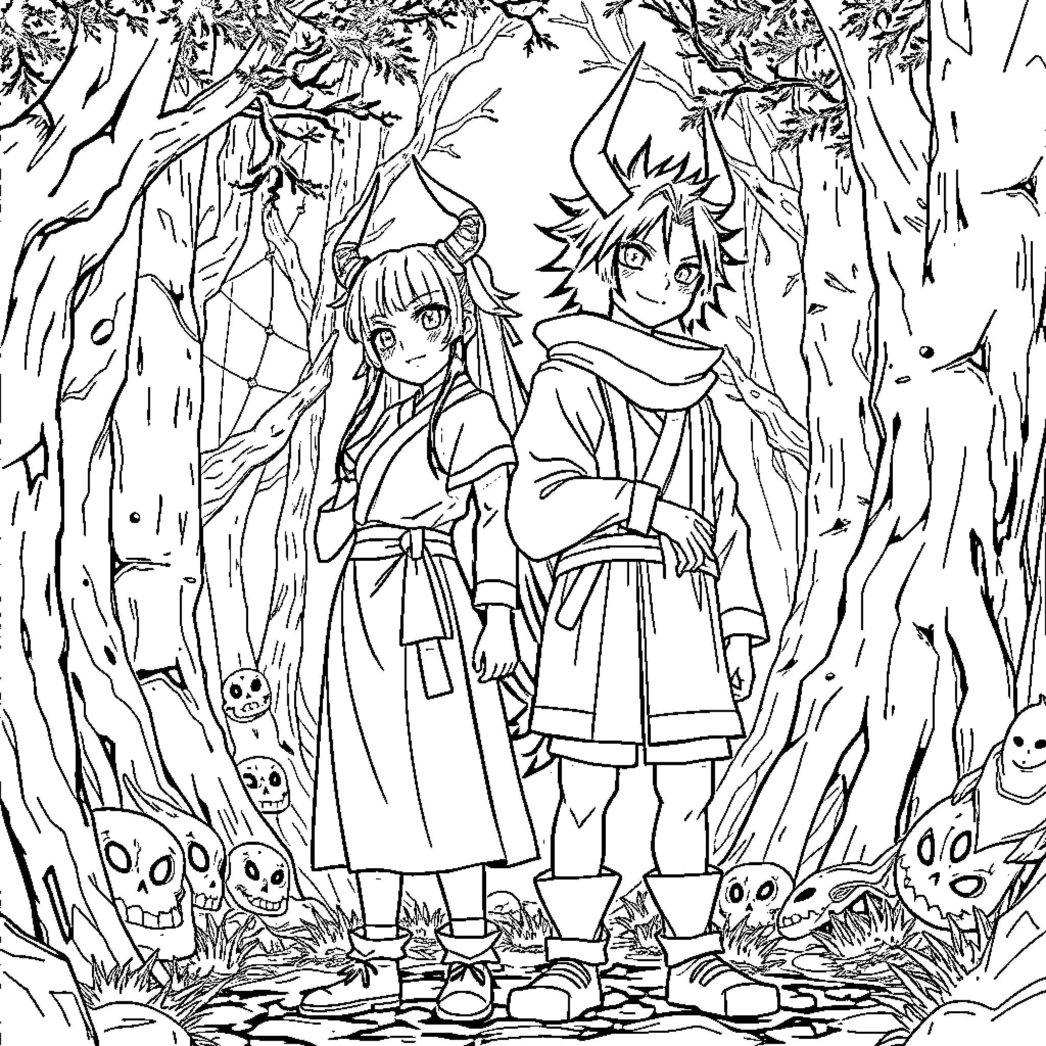 Demon Slayer - Heroic Characters in Mysterious Forest Coloring Page (free black-and-white line drawing printable PDF for all, from beginners to advanced learners, including children, teens, adults, and seniors)