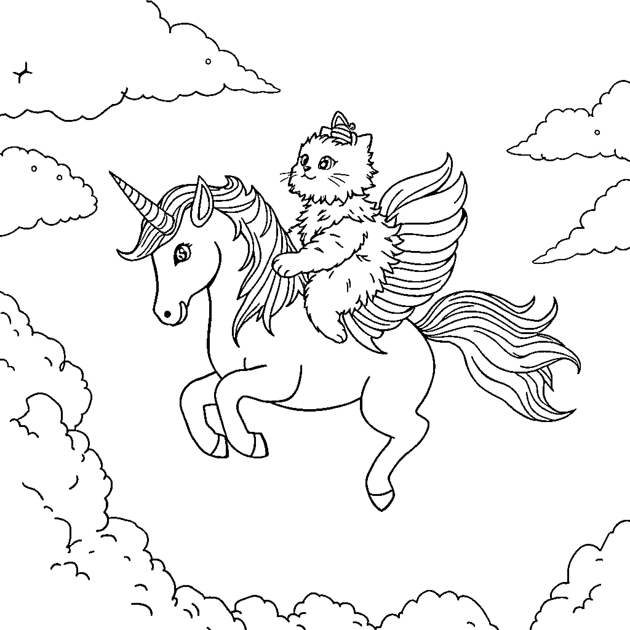 Cat riding magical unicorn in the clouds Coloring Page (free black-and-white line drawing printable PDF for all, from beginners to advanced learners, including children, teens, adults, and seniors)