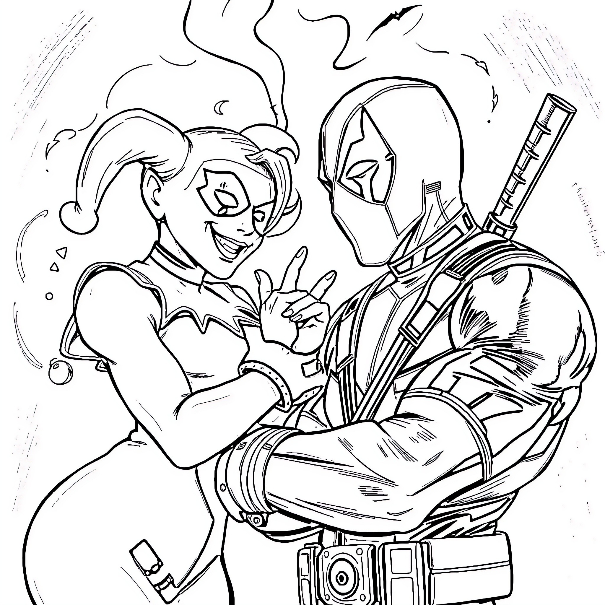 Harley Quinn and Deadpool in Playful Embrace Coloring Page (free black-and-white line drawing printable PDF for all, from beginners to advanced learners, including children, teens, adults, and seniors)