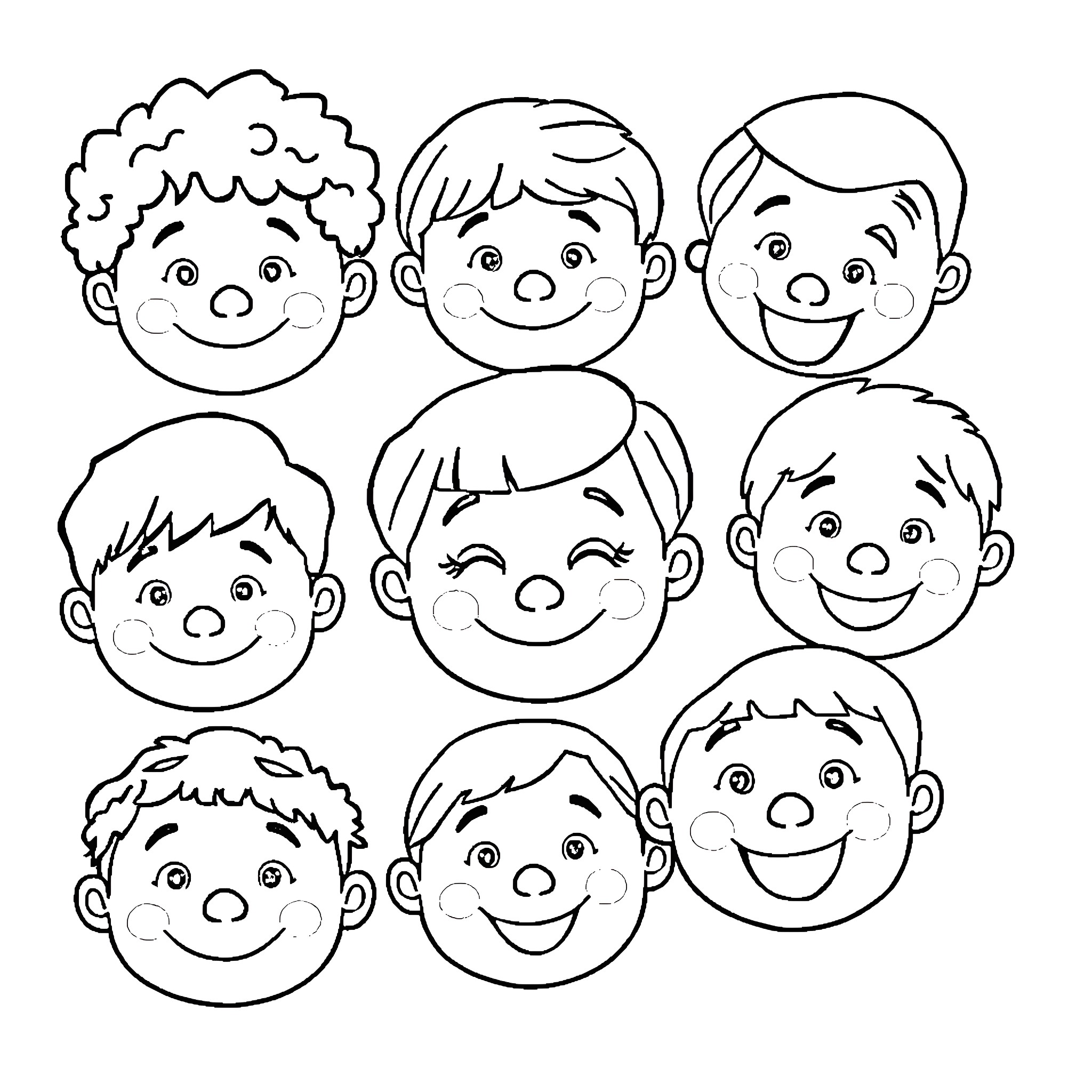 Feeling playful and expressive faces Coloring Page (free black-and-white line drawing printable PDF for all, from beginners to advanced learners, including children, teens, adults, and seniors)
