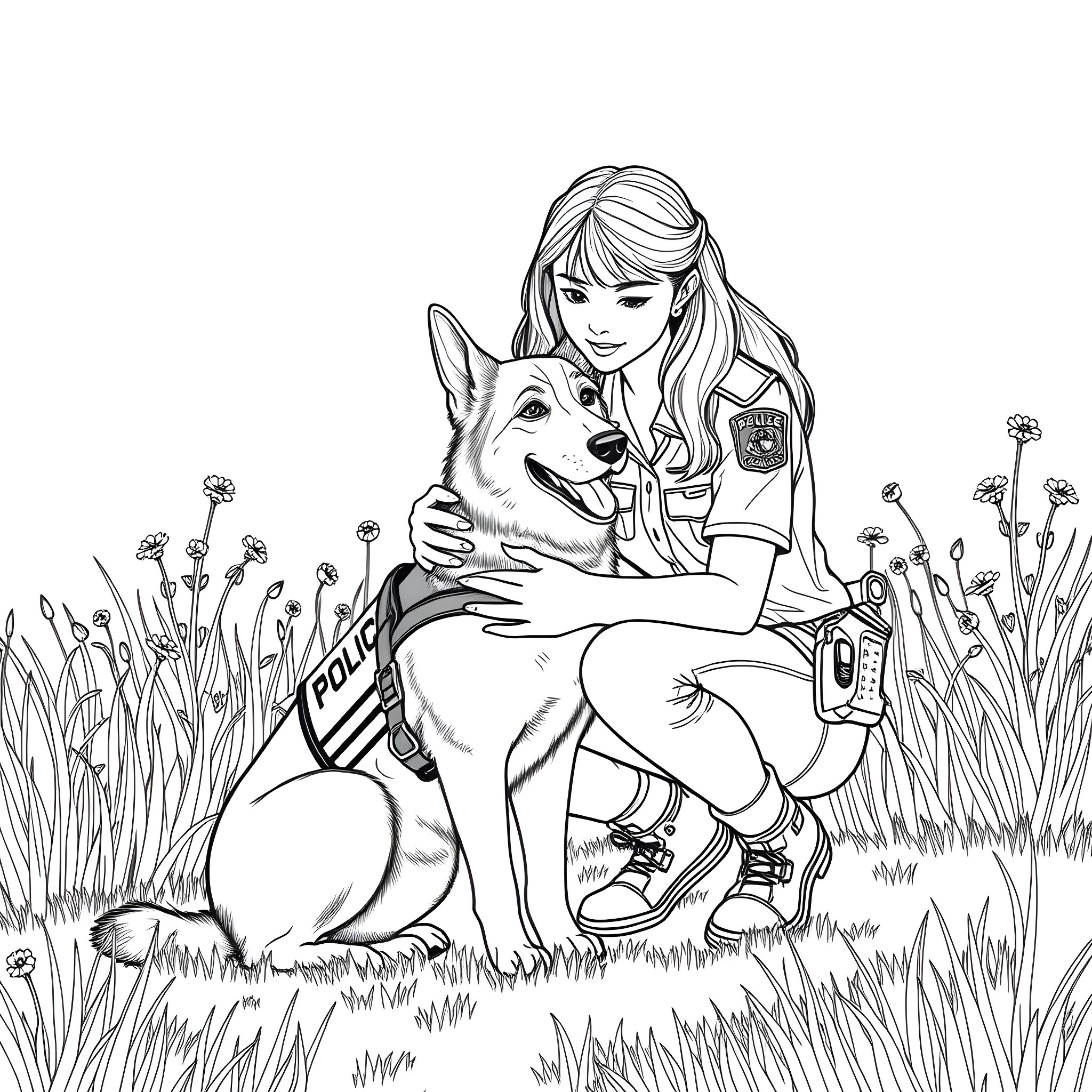 Teen Girl Embracing Police Dog in Grassy Field Coloring Page (free black-and-white line drawing printable PDF for all, from beginners to advanced learners, including children, teens, adults, and seniors)