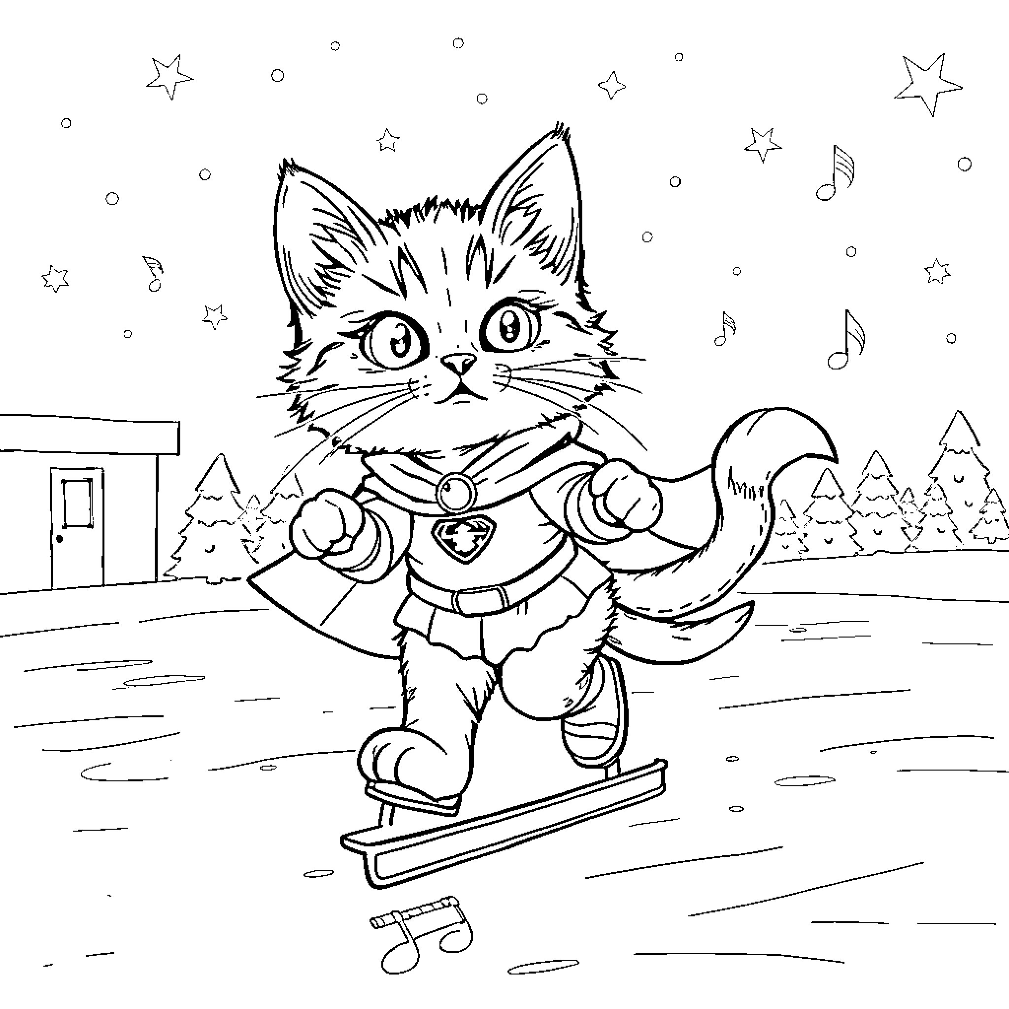 Bitsy the Adventurous Cat Sledding in the Winter Wonderland Coloring Page (free black-and-white line drawing printable PDF for all, from beginners to advanced learners, including children, teens, adults, and seniors)