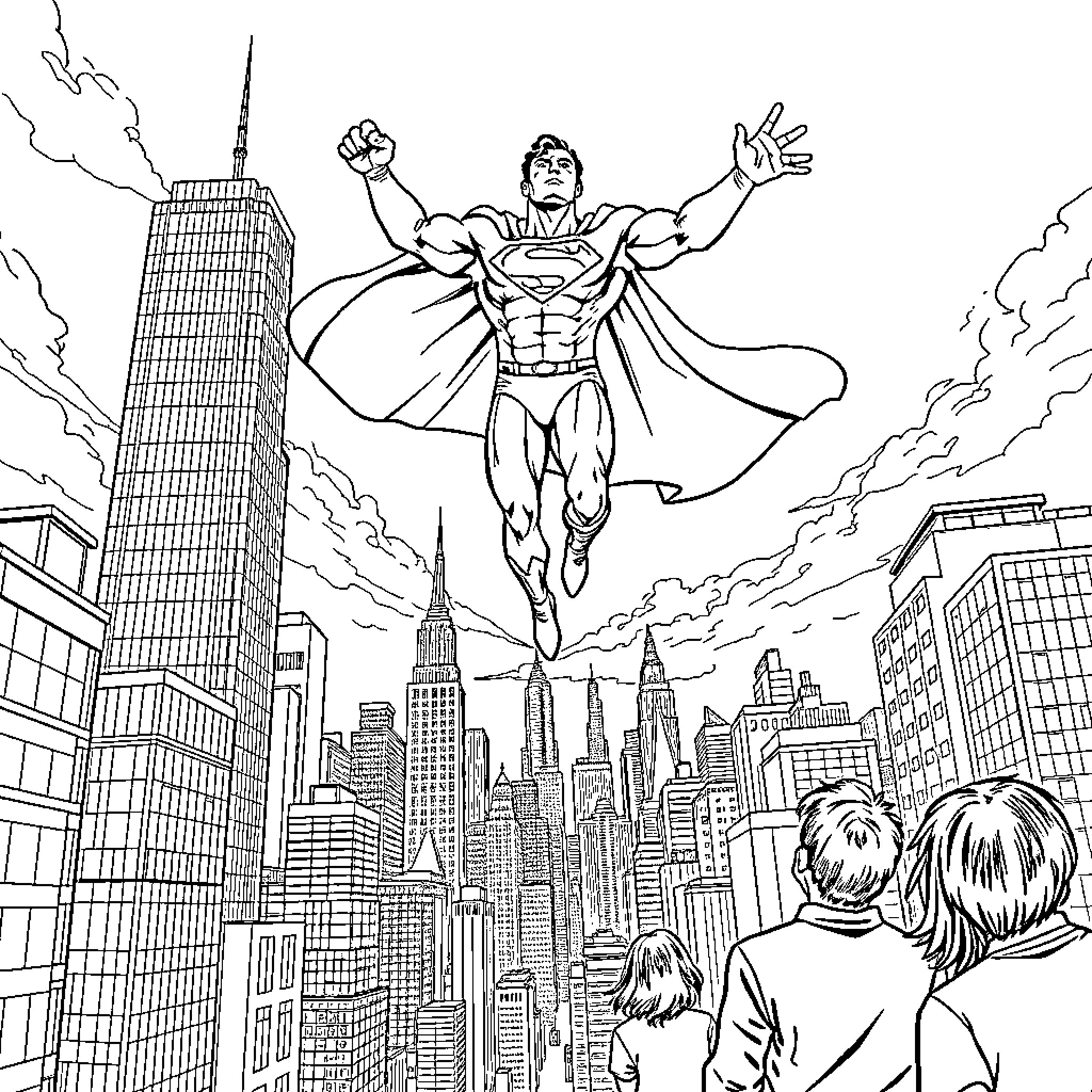 Superman soaring over the city skyline Coloring Page (free black-and-white line drawing printable PDF for all, from beginners to advanced learners, including children, teens, adults, and seniors)