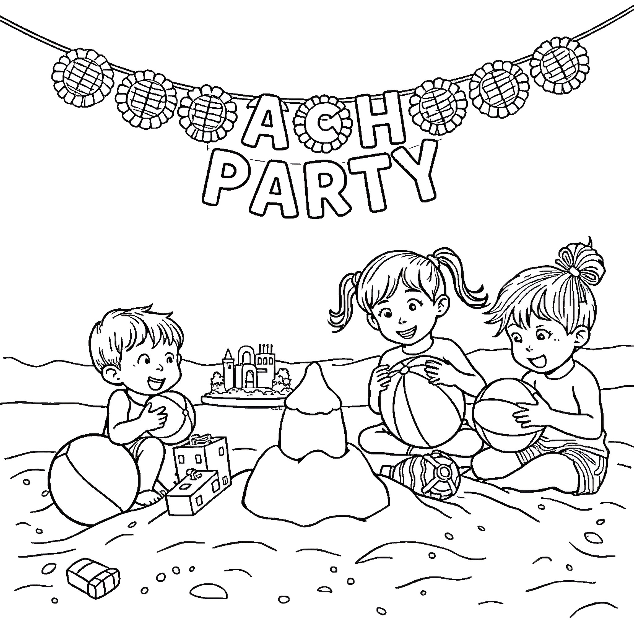 Beach party with kids and decorations Coloring Page (free black-and-white line drawing printable PDF for all, from beginners to advanced learners, including children, teens, adults, and seniors)