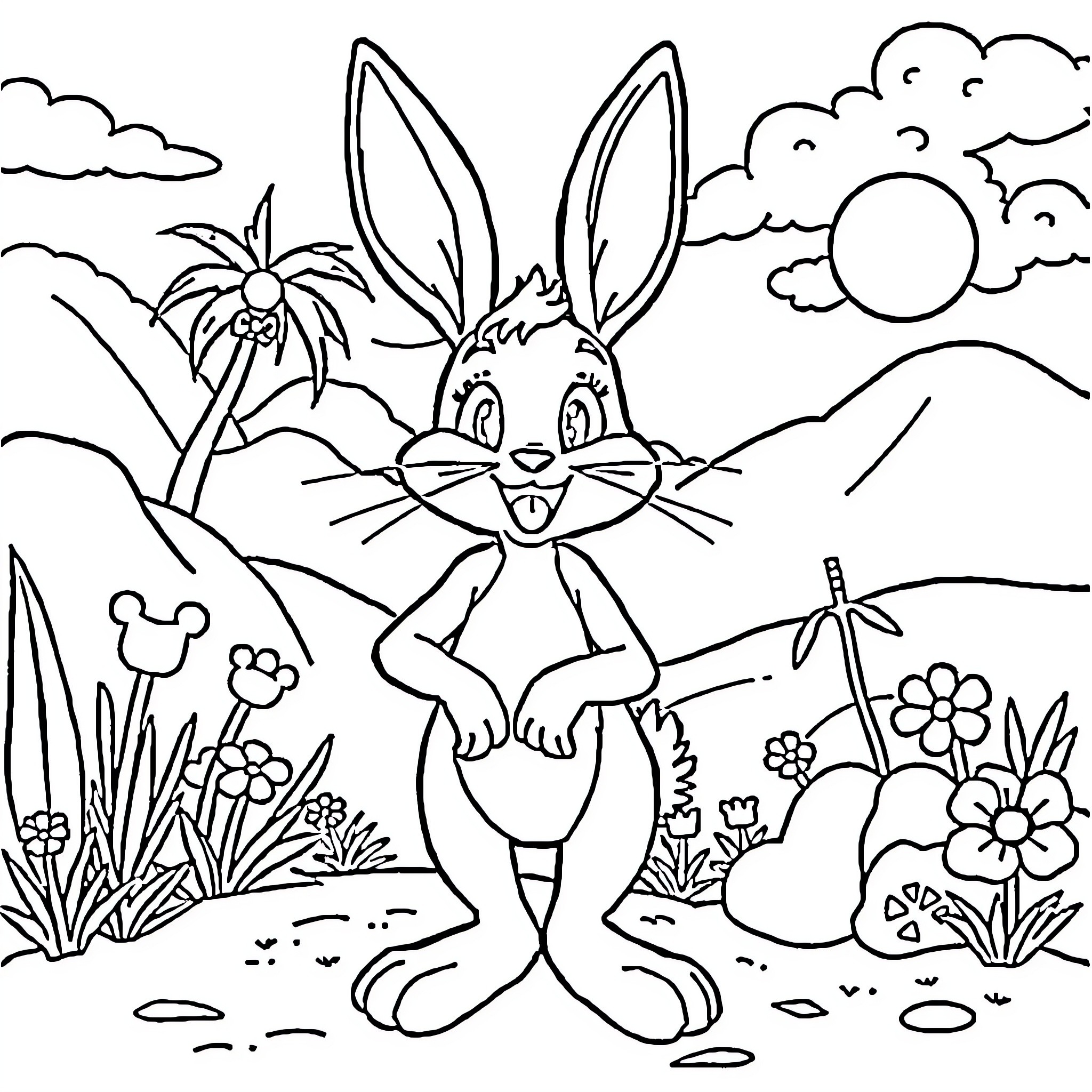 Lola Bunny playing cheerfully in a nature scene Coloring Page (free black-and-white line drawing printable PDF for all, from beginners to advanced learners, including children, teens, adults, and seniors)