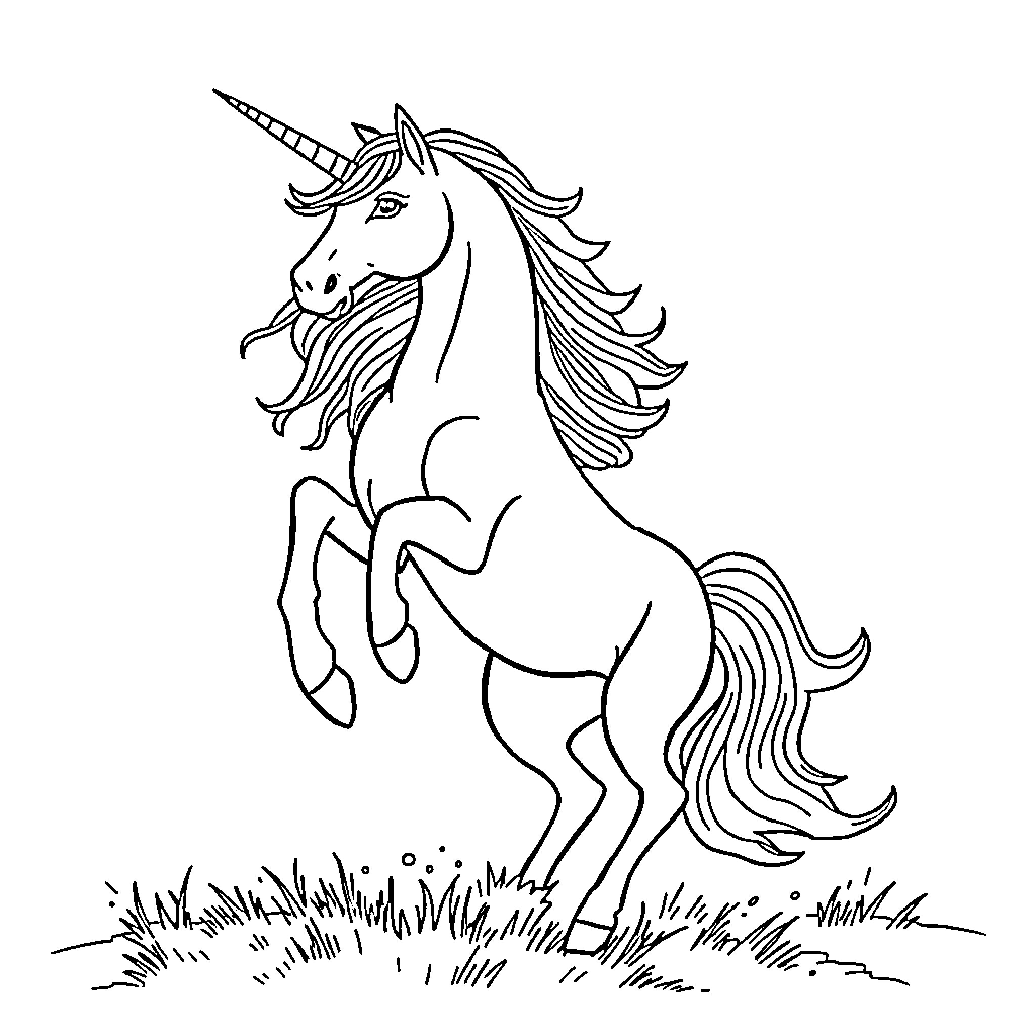 Unicorn prancing gracefully in a field Coloring Page (free black-and-white line drawing printable PDF for all, from beginners to advanced learners, including children, teens, adults, and seniors)