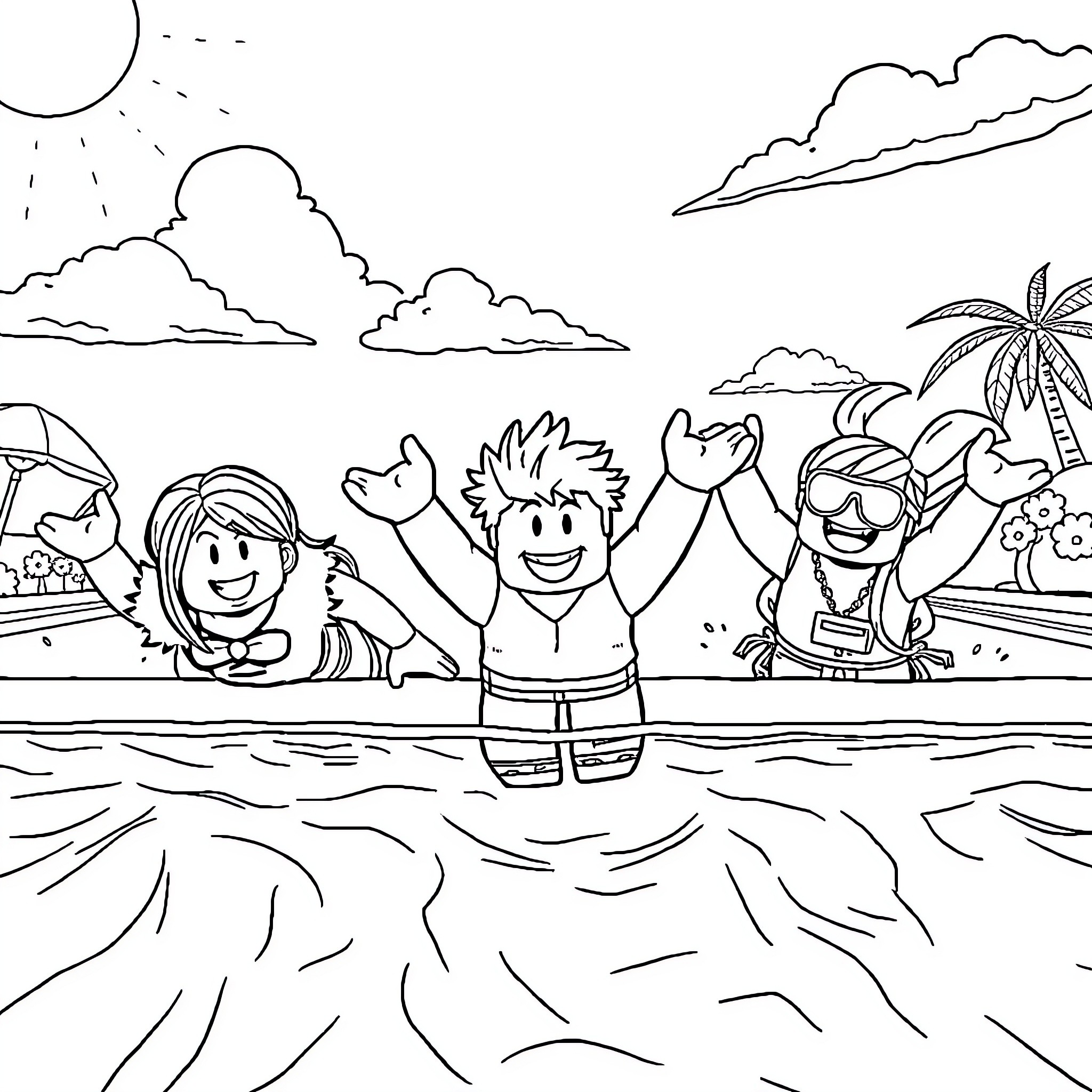 Roblox Character enjoying beach activities with friends Coloring Page (free black-and-white line drawing printable PDF for all, from beginners to advanced learners, including children, teens, adults, and seniors)