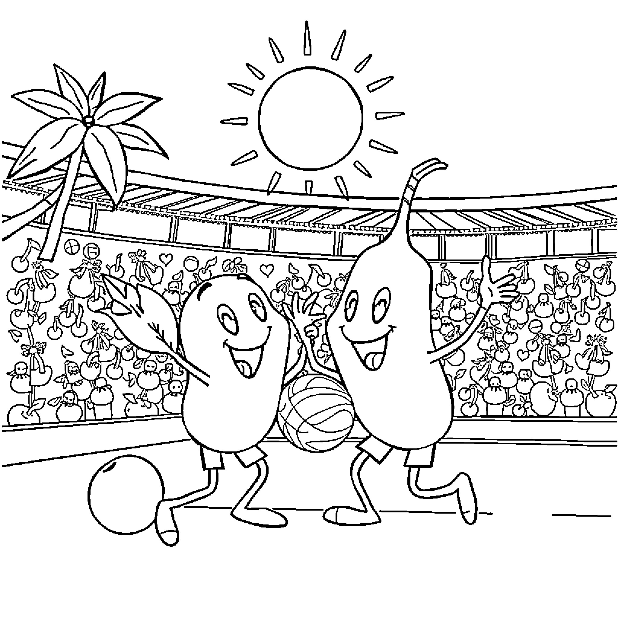 Manzana characters celebrate at a festival Coloring Page (free black-and-white line drawing printable PDF for all, from beginners to advanced learners, including children, teens, adults, and seniors)