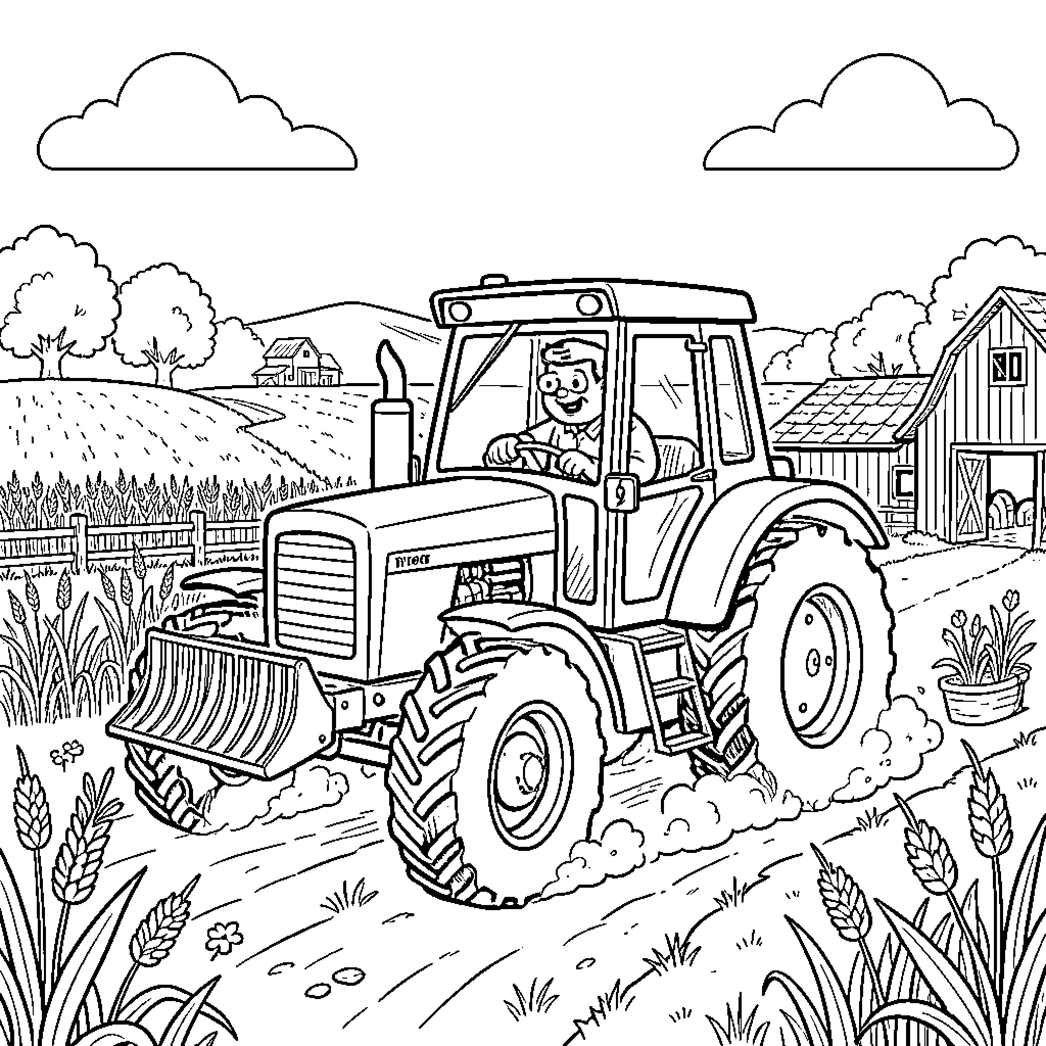 Tractor driven by a smiling man on a farm Coloring Page (free black-and-white line drawing printable PDF for all, from beginners to advanced learners, including children, teens, adults, and seniors)