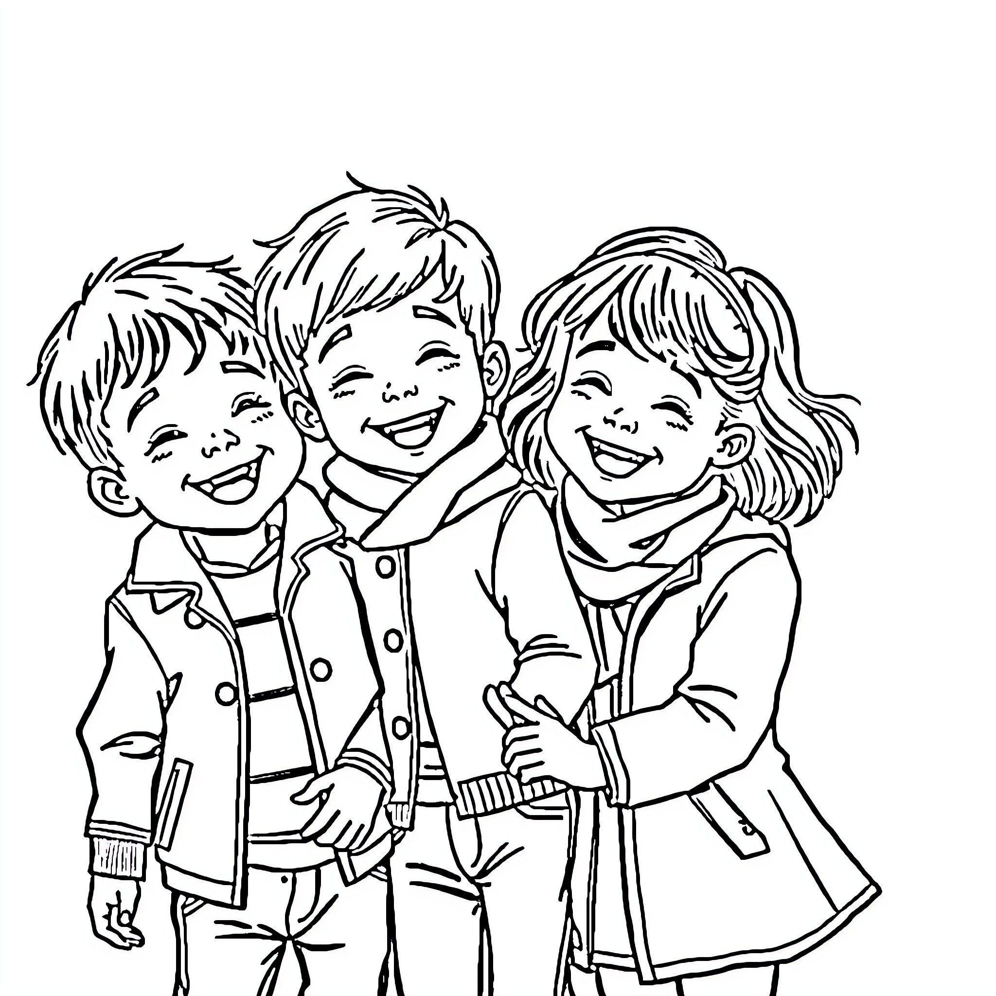 Children in Winter Coats Laughing Together Coloring Page (free black-and-white line drawing printable PDF for all, from beginners to advanced learners, including children, teens, adults, and seniors)