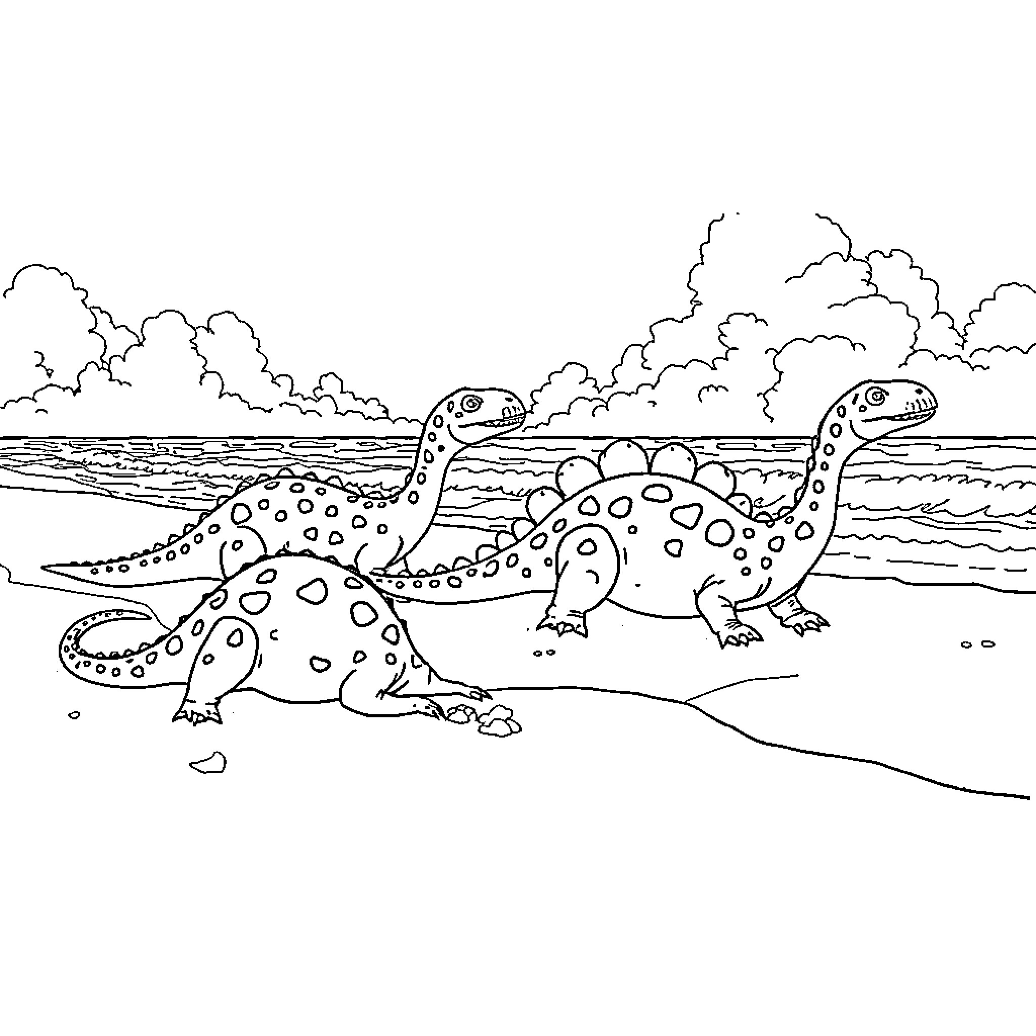 Dinosaurs roaming along the beach Coloring Page (free black-and-white line drawing printable PDF for all, from beginners to advanced learners, including children, teens, adults, and seniors)