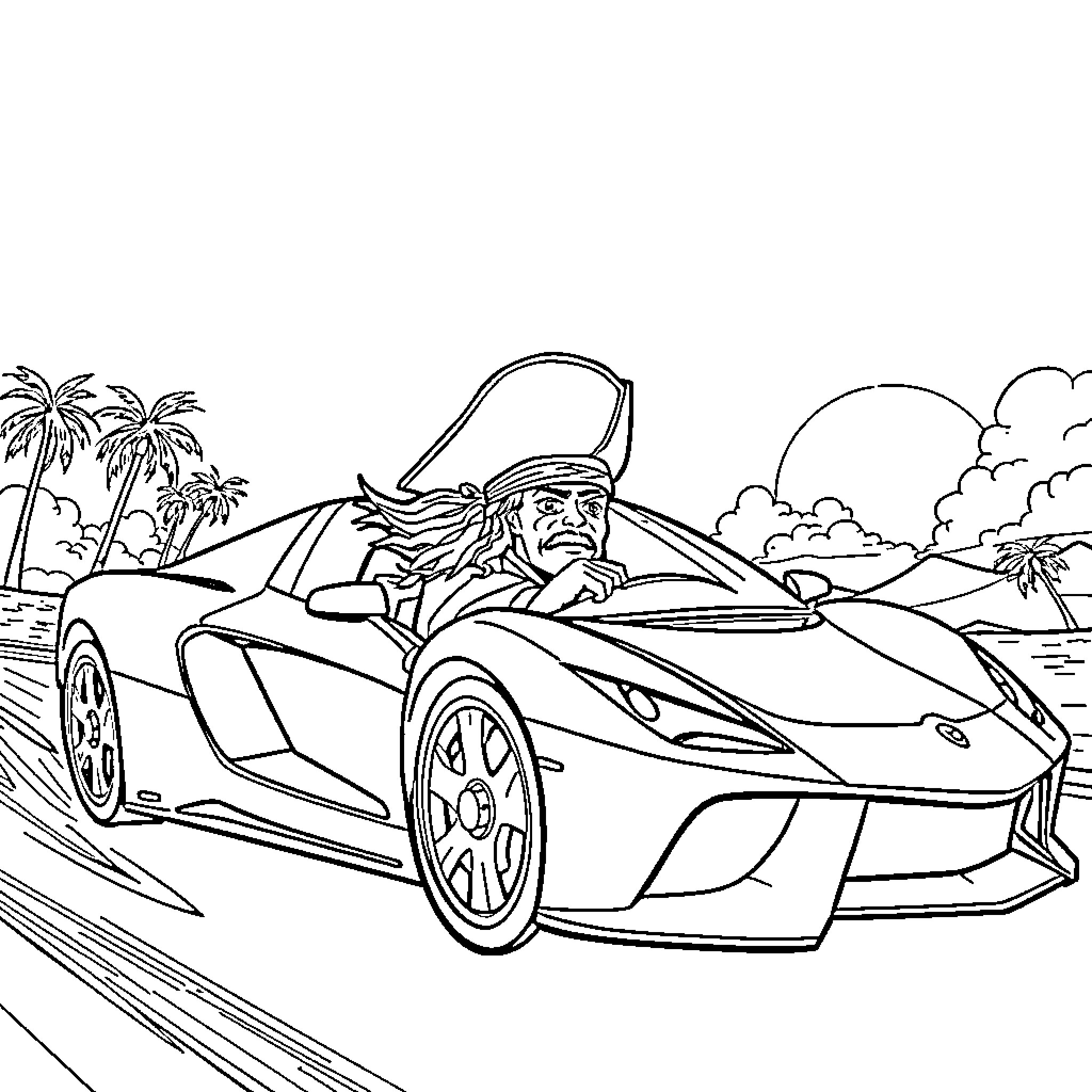Jack Sparrow speeding down the tropical highway in a sports car Coloring Page (free black-and-white line drawing printable PDF for all, from beginners to advanced learners, including children, teens, adults, and seniors)