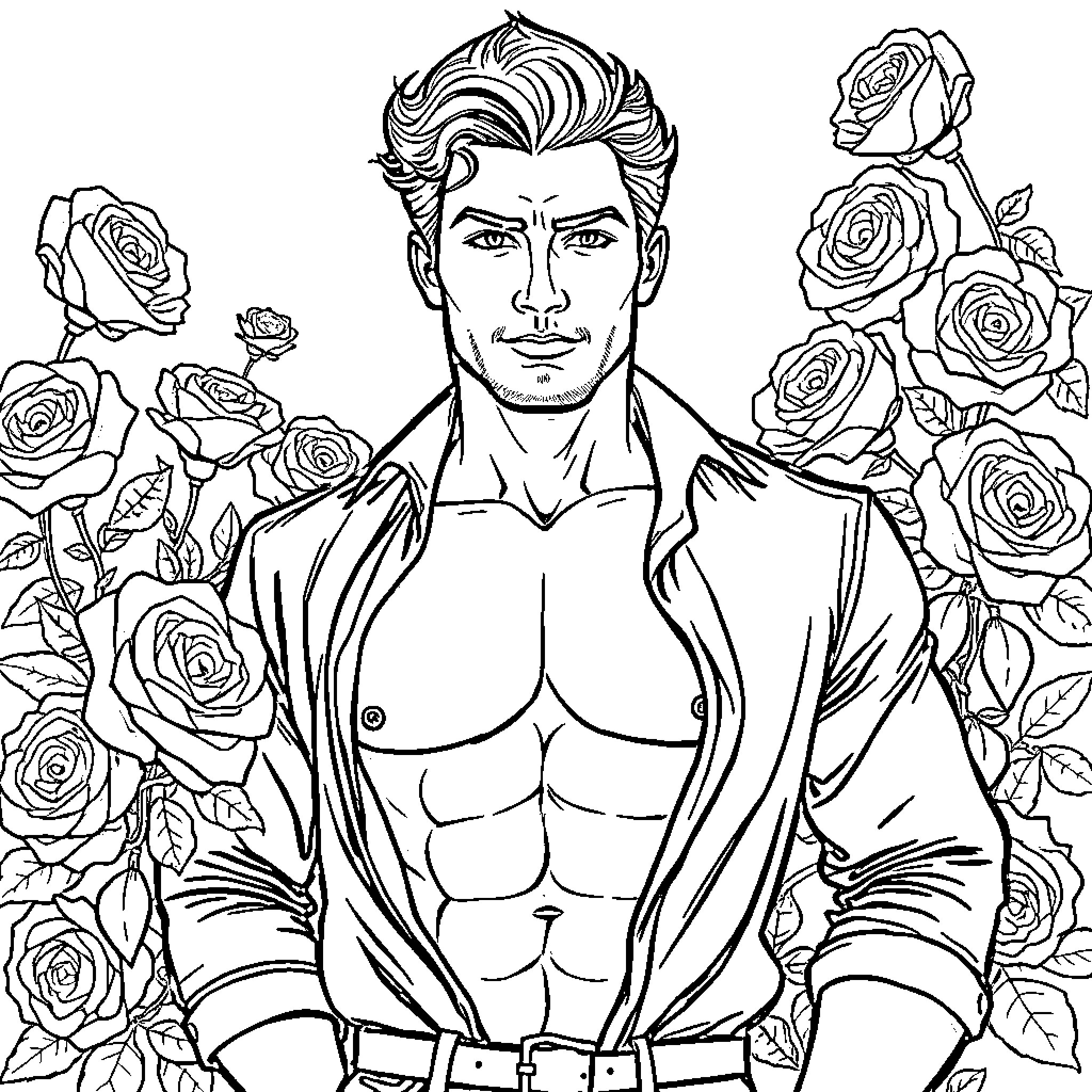 Man surrounded by roses, displaying a stoic expression Coloring Page (free black-and-white line drawing printable PDF for all, from beginners to advanced learners, including children, teens, adults, and seniors)