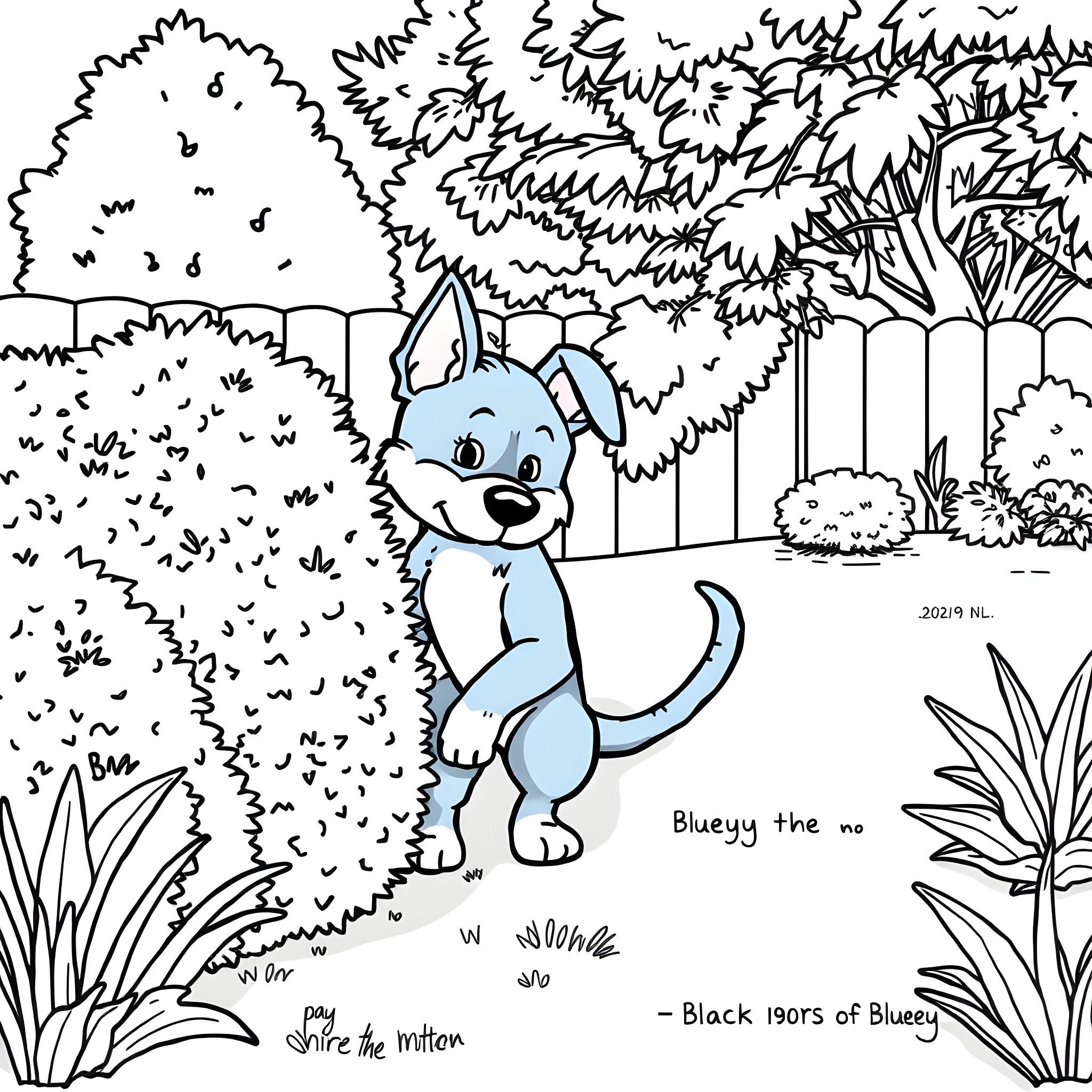 Bluey the puppy exploring the outdoor garden Coloring Page (free black-and-white line drawing printable PDF for all, from beginners to advanced learners, including children, teens, adults, and seniors)