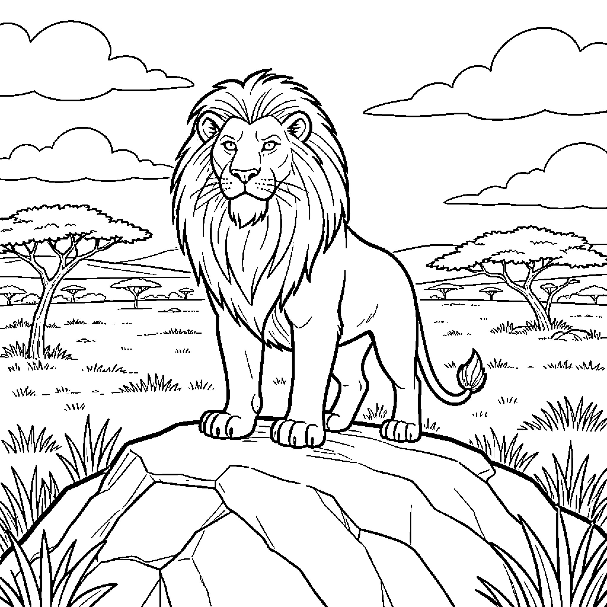 Lion standing majestically on a large rock Coloring Page (free black-and-white line drawing printable PDF for all, from beginners to advanced learners, including children, teens, adults, and seniors)