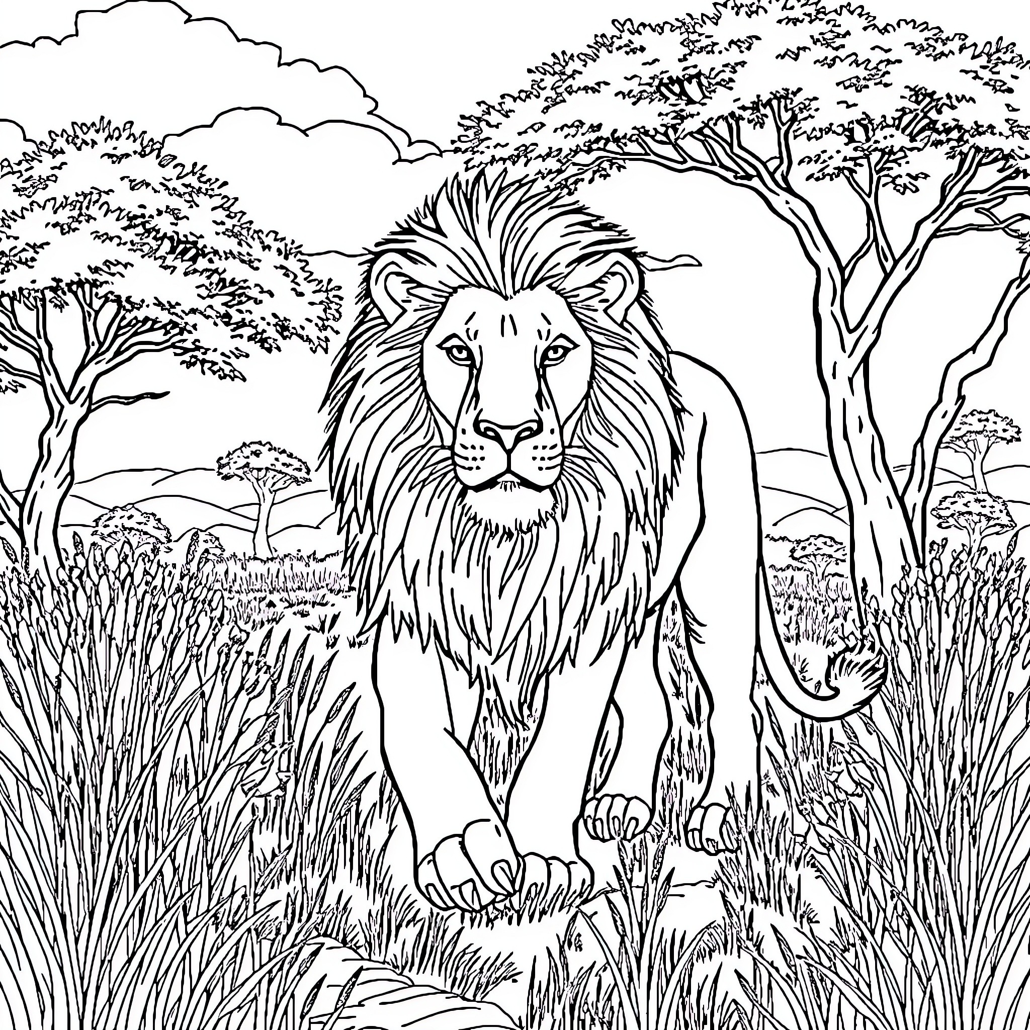 Lion in Majestic Savanna Landscape Coloring Page (free black-and-white line drawing printable PDF for all, from beginners to advanced learners, including children, teens, adults, and seniors)