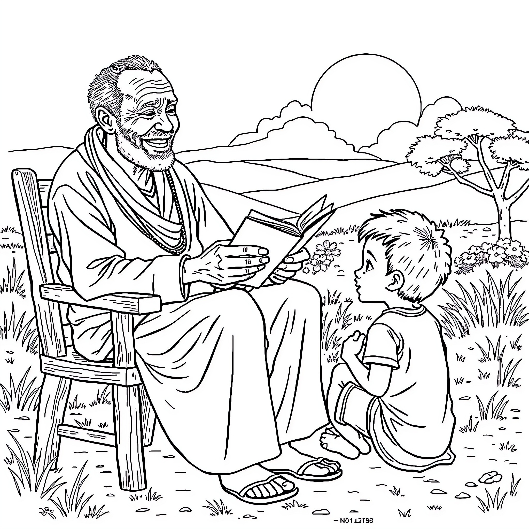 Man teaching young boy in serene outdoor setting Coloring Page (free black-and-white line drawing printable PDF for all, from beginners to advanced learners, including children, teens, adults, and seniors)