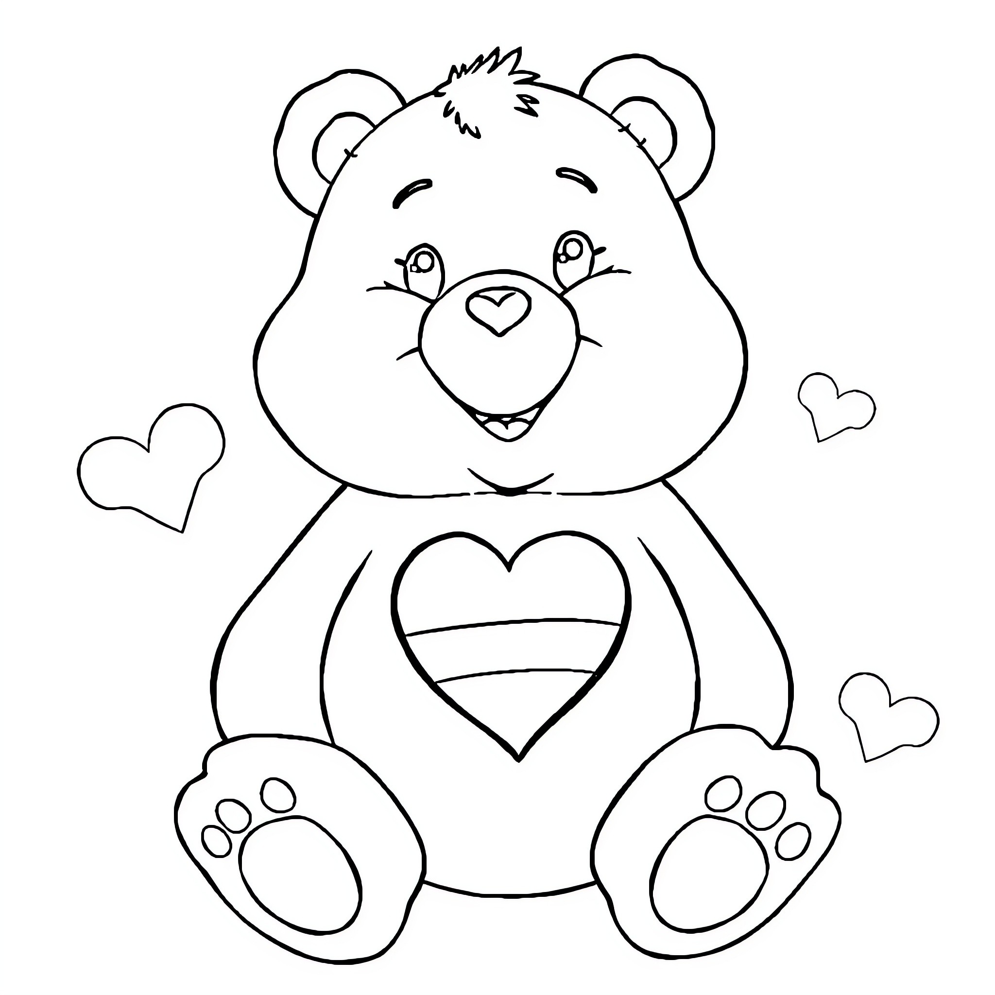Care Bear sitting happily with heart-shaped symbol Coloring Page (free black-and-white line drawing printable PDF for all, from beginners to advanced learners, including children, teens, adults, and seniors)