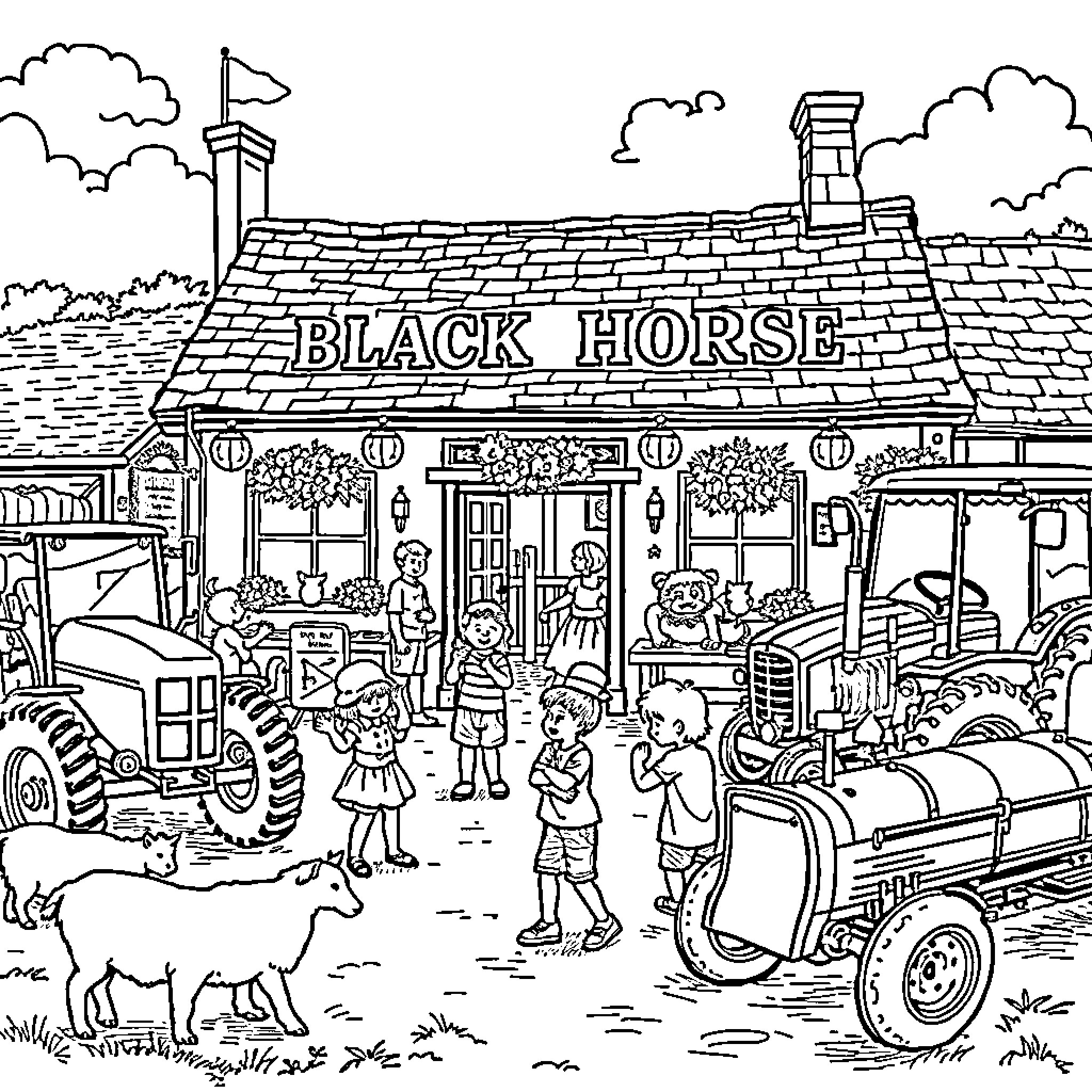 Child exploring the bustling Black Horse tavern scene Coloring Page (free black-and-white line drawing printable PDF for all, from beginners to advanced learners, including children, teens, adults, and seniors)