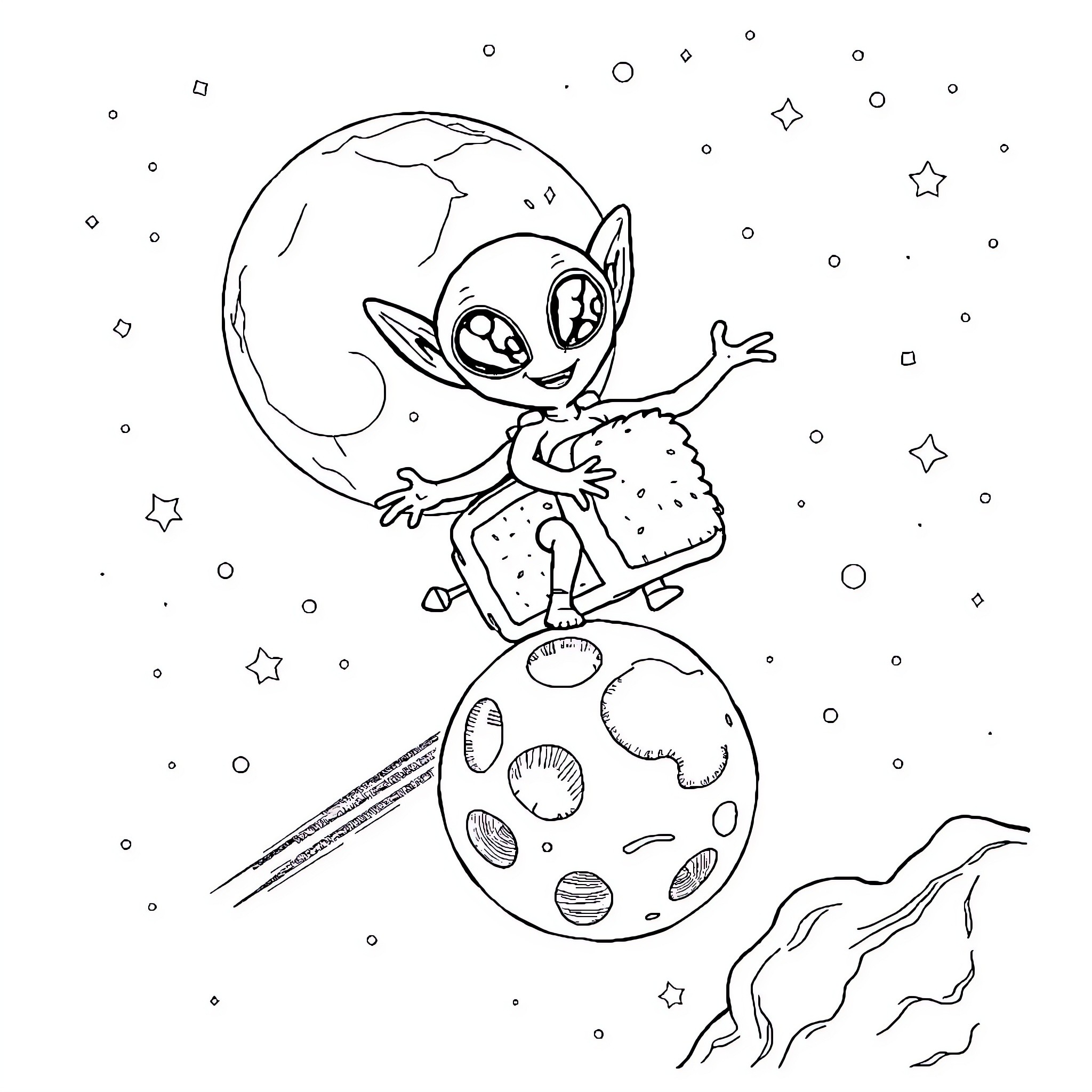 Alien Creature Exploring Fantastical Planet Coloring Page (free black-and-white line drawing printable PDF for all, from beginners to advanced learners, including children, teens, adults, and seniors)