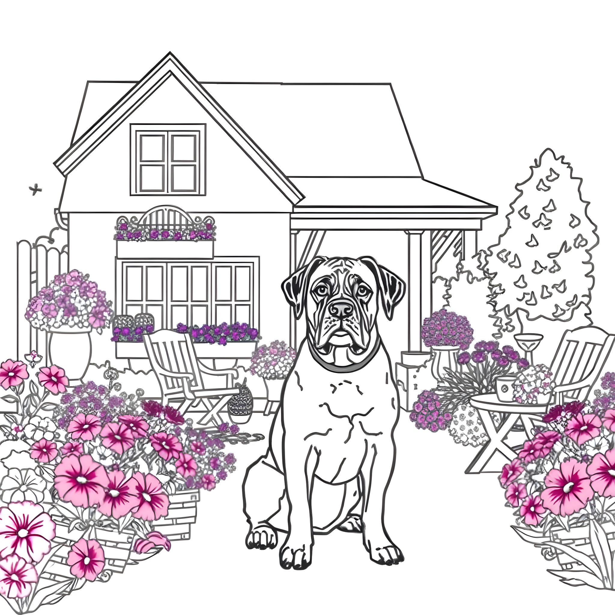 Mastiff guarding a cozy cottage garden Coloring Page (free black-and-white line drawing printable PDF for all, from beginners to advanced learners, including children, teens, adults, and seniors)