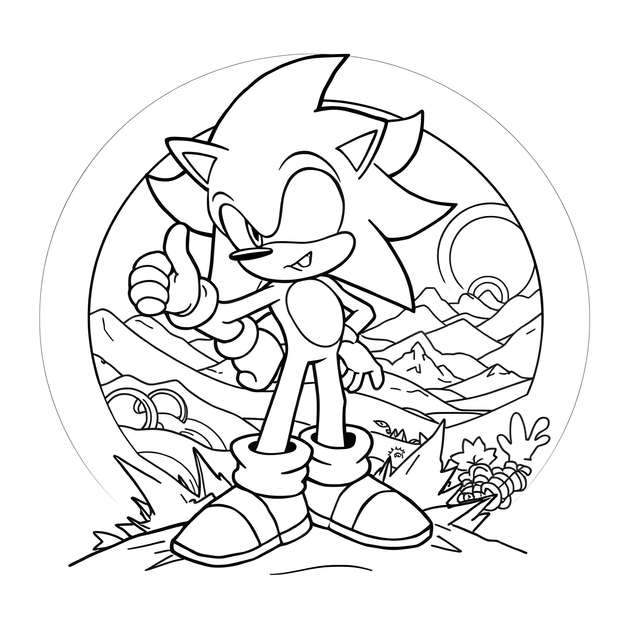 Sonic the Hedgehog running through a scenic landscape Coloring Page (free black-and-white line drawing printable PDF for all, from beginners to advanced learners, including children, teens, adults, and seniors)