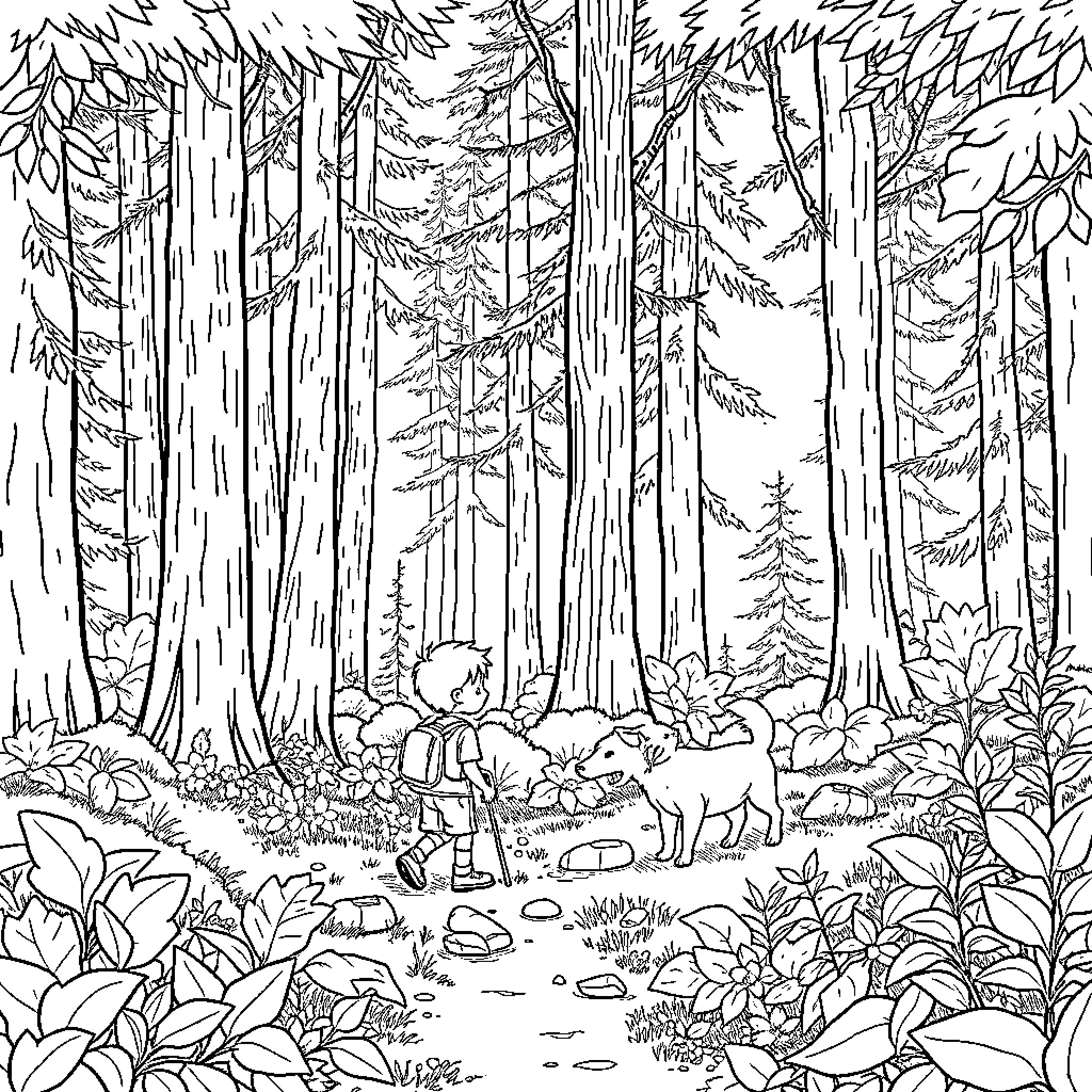 Boy exploring the enchanted forest landscape Coloring Page (free black-and-white line drawing printable PDF for all, from beginners to advanced learners, including children, teens, adults, and seniors)