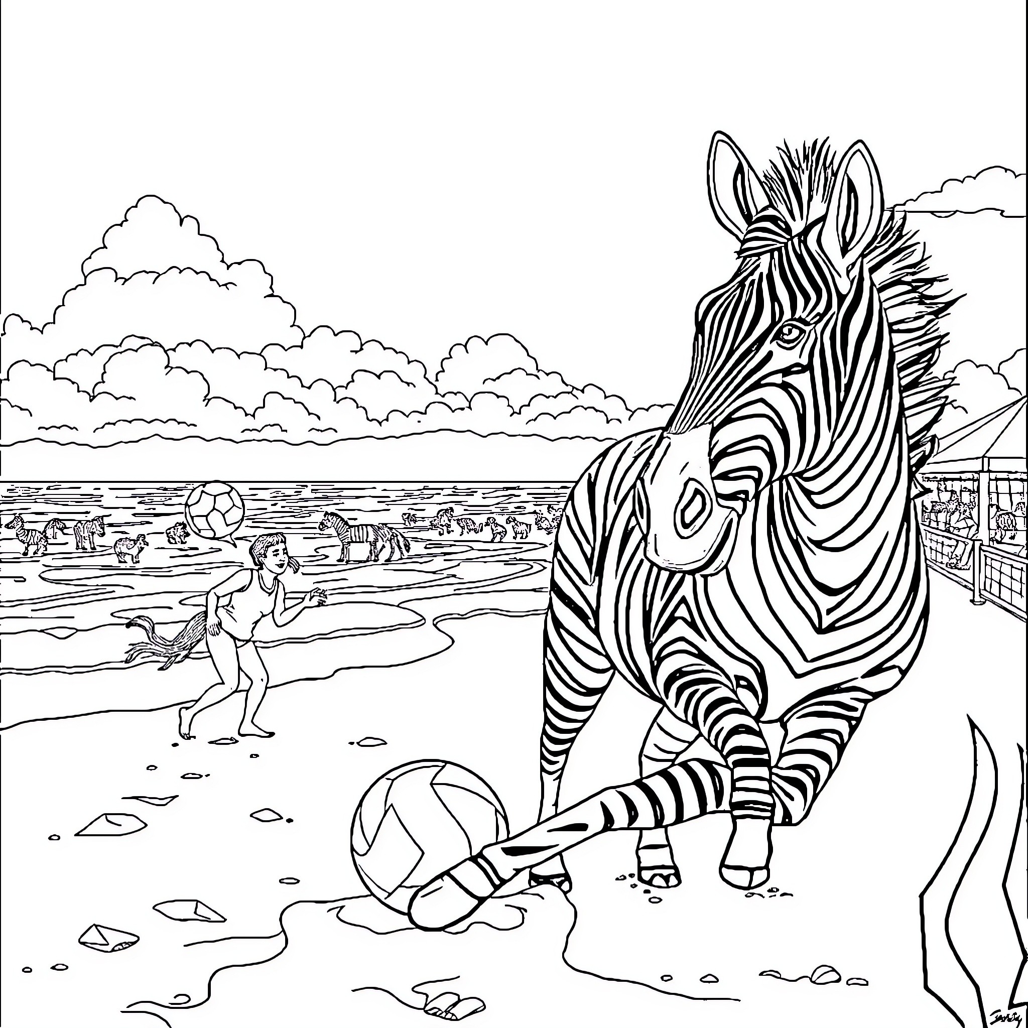 Zebra observing a person playing on the beach Coloring Page (free black-and-white line drawing printable PDF for all, from beginners to advanced learners, including children, teens, adults, and seniors)