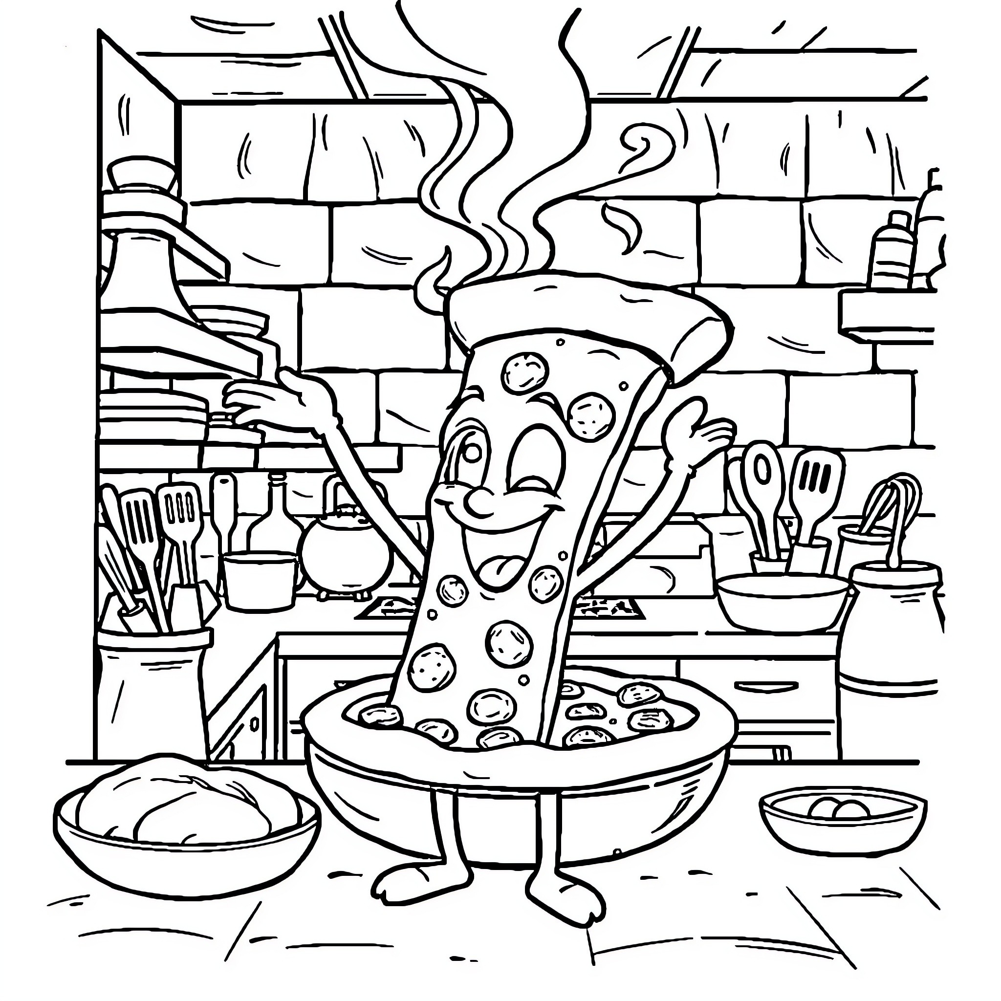 Pizza enjoying cooking in the kitchen Coloring Page (free black-and-white line drawing printable PDF for all, from beginners to advanced learners, including children, teens, adults, and seniors)
