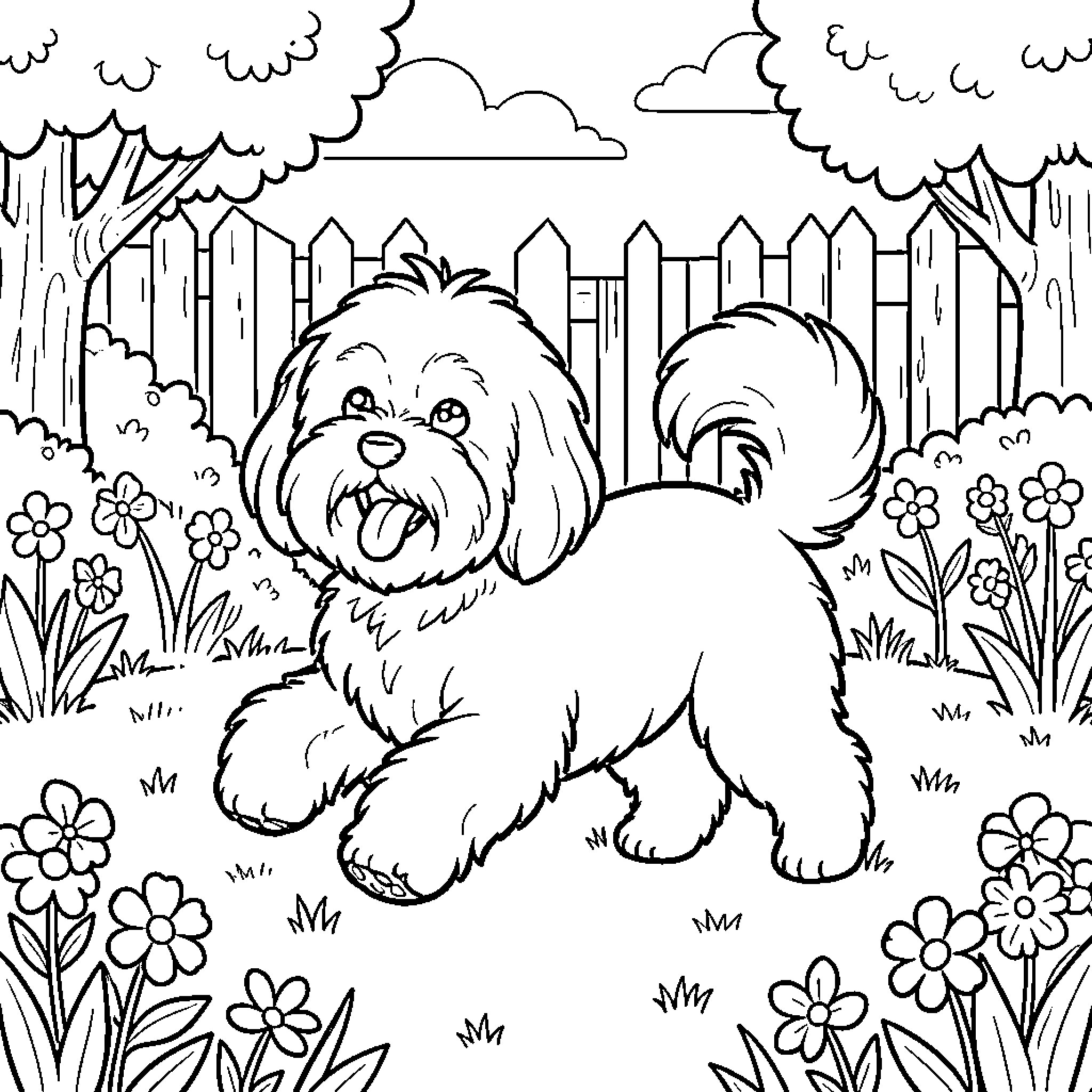 Havanese running joyfully through a flowery garden Coloring Page (free black-and-white line drawing printable PDF for all, from beginners to advanced learners, including children, teens, adults, and seniors)