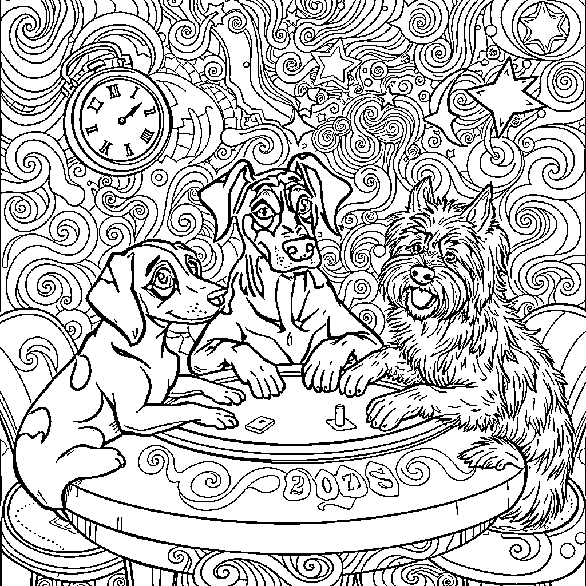 Dog Trio Playing Whimsically in Dreamscape Coloring Page (free black-and-white line drawing printable PDF for all, from beginners to advanced learners, including children, teens, adults, and seniors)
