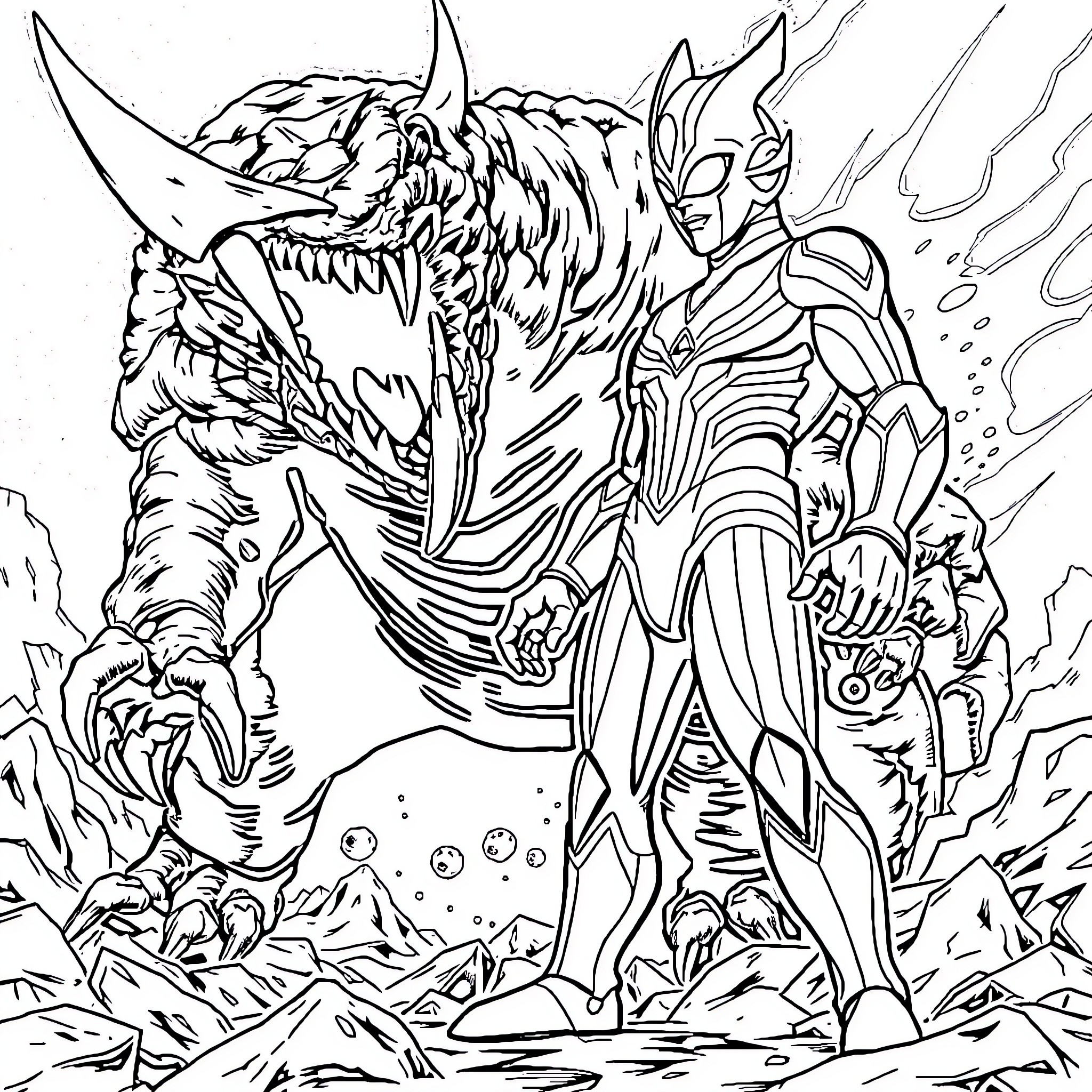 Ultraman confronting a fierce monster Coloring Page (free black-and-white line drawing printable PDF for all, from beginners to advanced learners, including children, teens, adults, and seniors)
