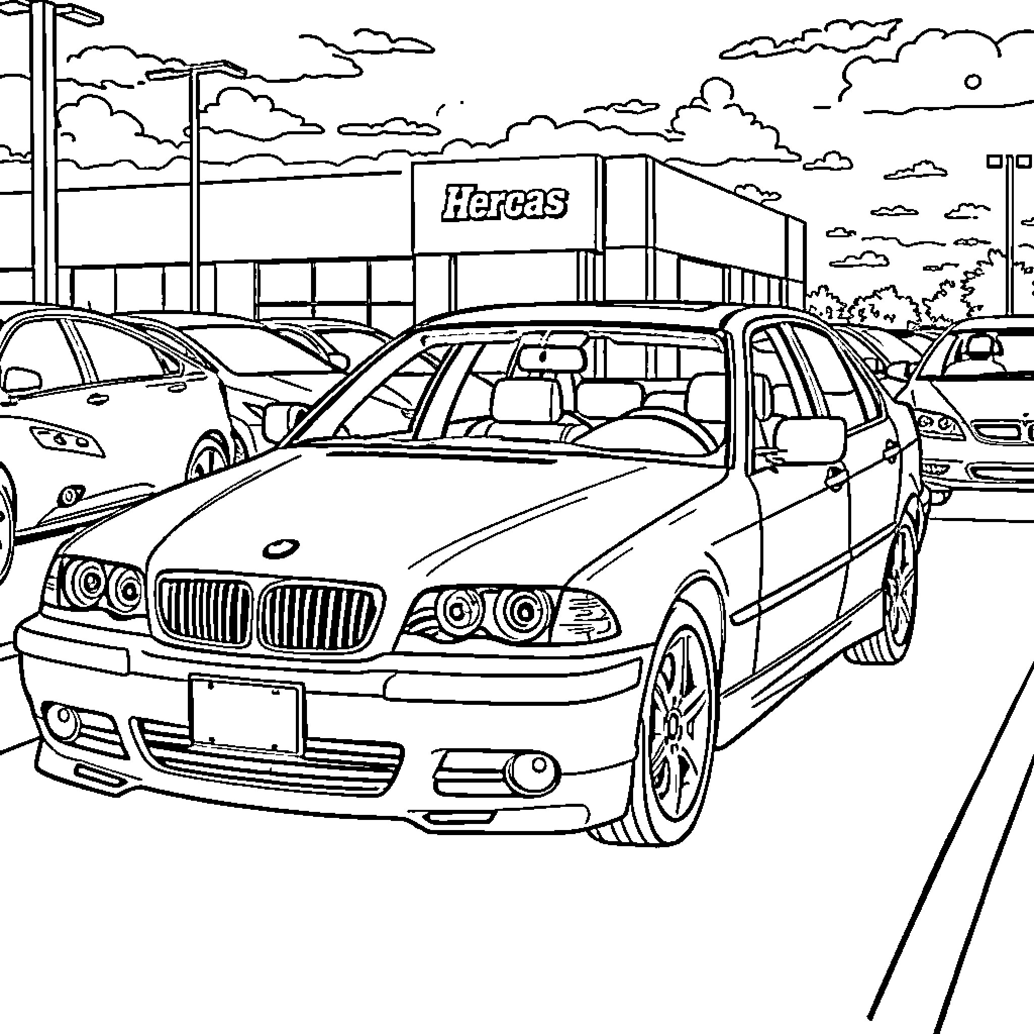 Cars parked at a commercial building Coloring Page (free black-and-white line drawing printable PDF for all, from beginners to advanced learners, including children, teens, adults, and seniors)