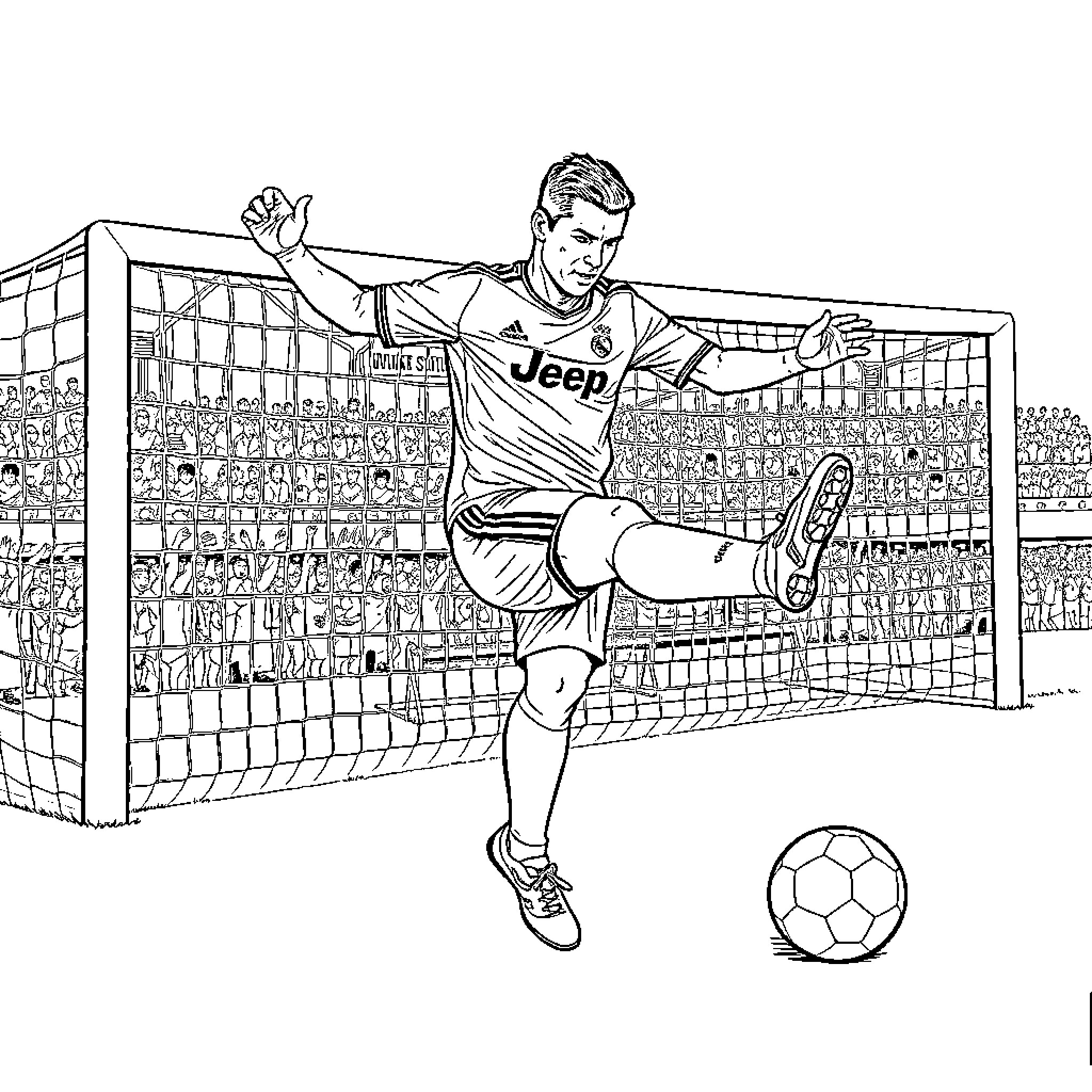 Cristiano Ronaldo kicking a soccer ball on the field Coloring Page (free black-and-white line drawing printable PDF for all, from beginners to advanced learners, including children, teens, adults, and seniors)