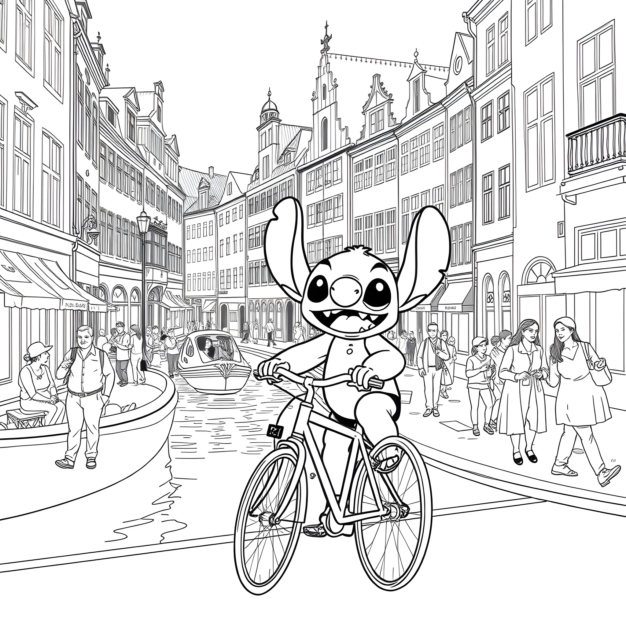 Stitch Cycles Through a Lively City Street Coloring Page (free black-and-white line drawing printable PDF for all, from beginners to advanced learners, including children, teens, adults, and seniors)