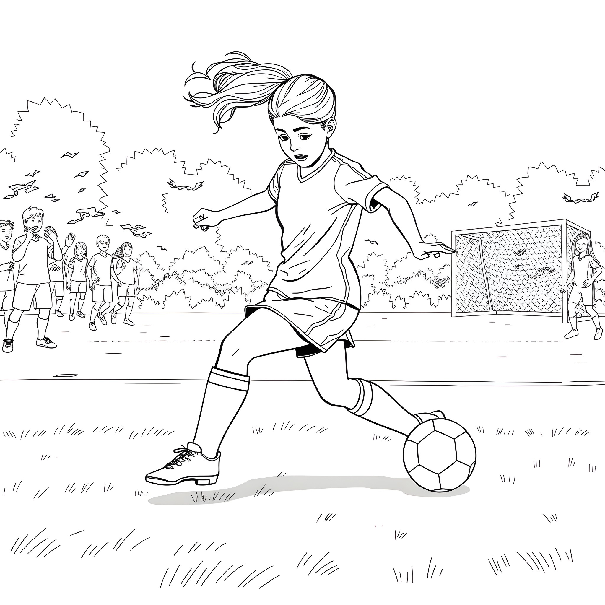 Soccer Player Kicking Ball on Outdoor Field Coloring Page (free black-and-white line drawing printable PDF for all, from beginners to advanced learners, including children, teens, adults, and seniors)