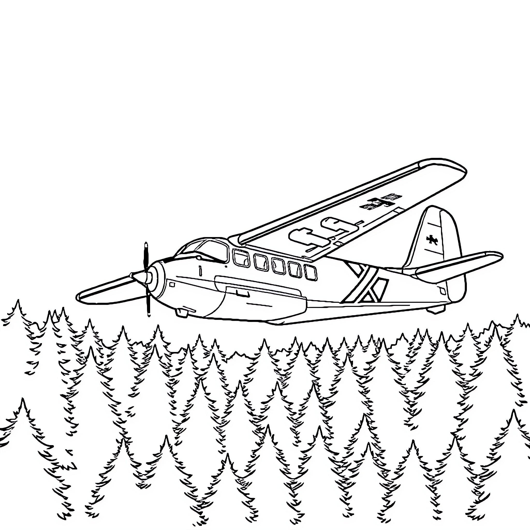 Water Bomber Plane Flying Over Forested Landscape Coloring Page (free black-and-white line drawing printable PDF for all, from beginners to advanced learners, including children, teens, adults, and seniors)
