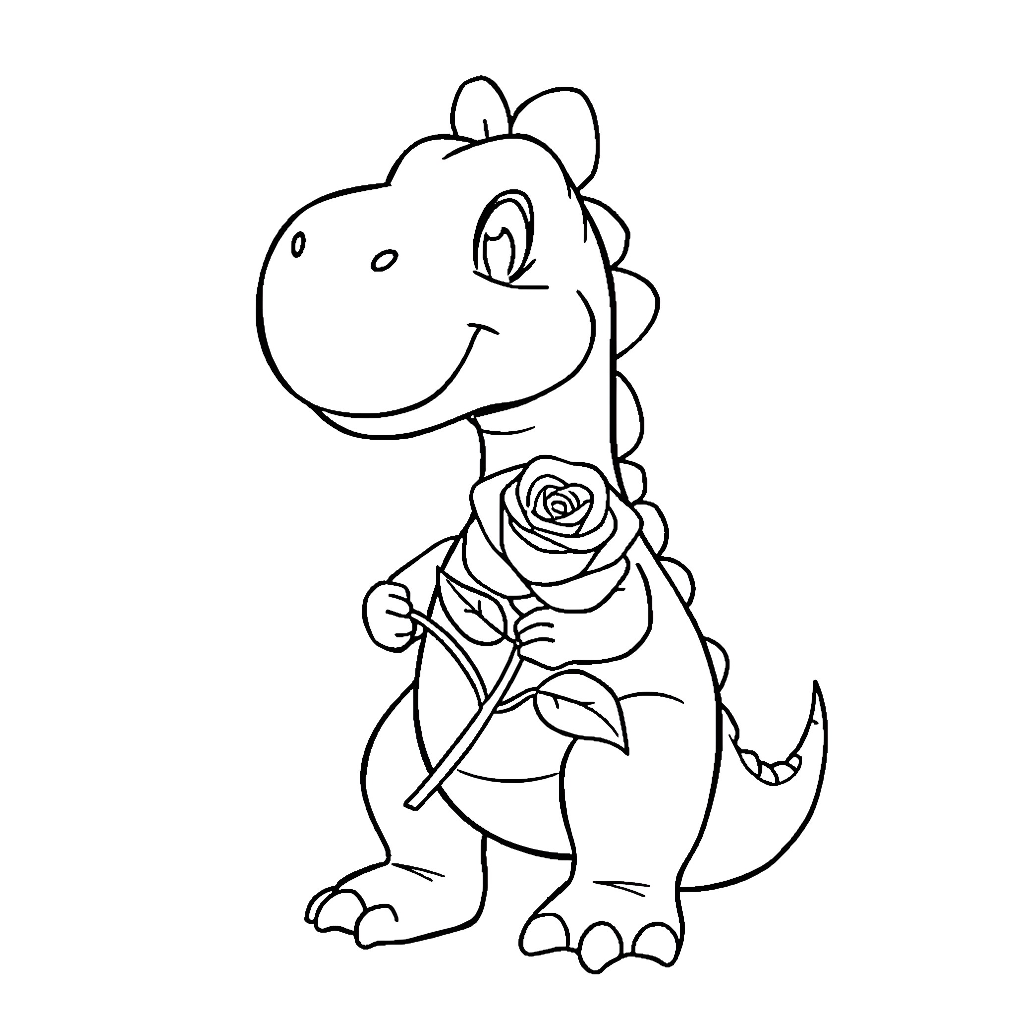 Dinosaur holding a rose Coloring Page (free black-and-white line drawing printable PDF for all, from beginners to advanced learners, including children, teens, adults, and seniors)
