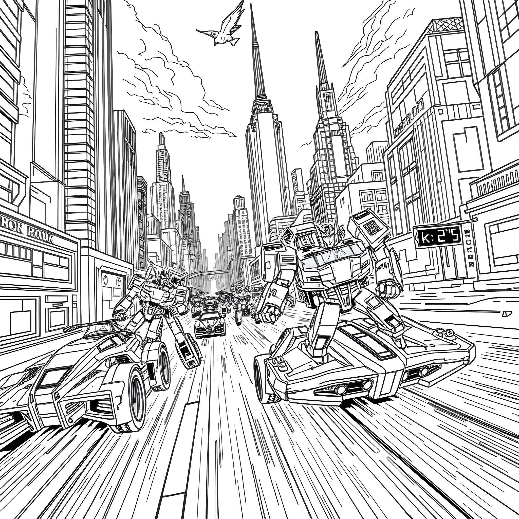 Transformers battling in the futuristic city streets Coloring Page (free black-and-white line drawing printable PDF for all, from beginners to advanced learners, including children, teens, adults, and seniors)