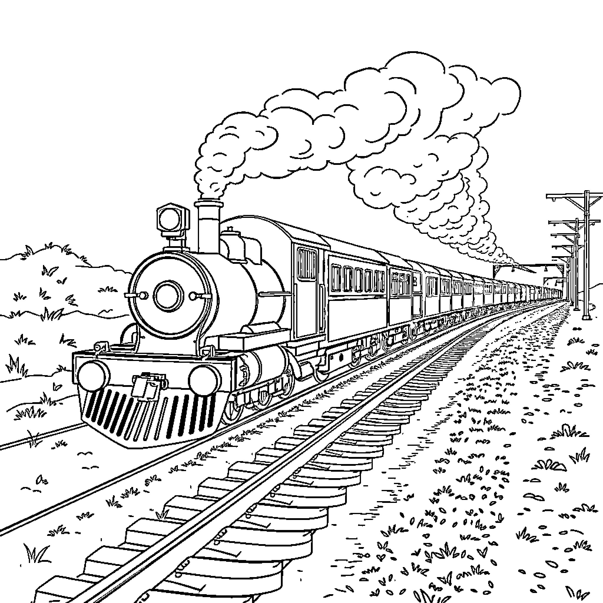 Train chugging down the tracks with billowing smoke Coloring Page (free black-and-white line drawing printable PDF for all, from beginners to advanced learners, including children, teens, adults, and seniors)