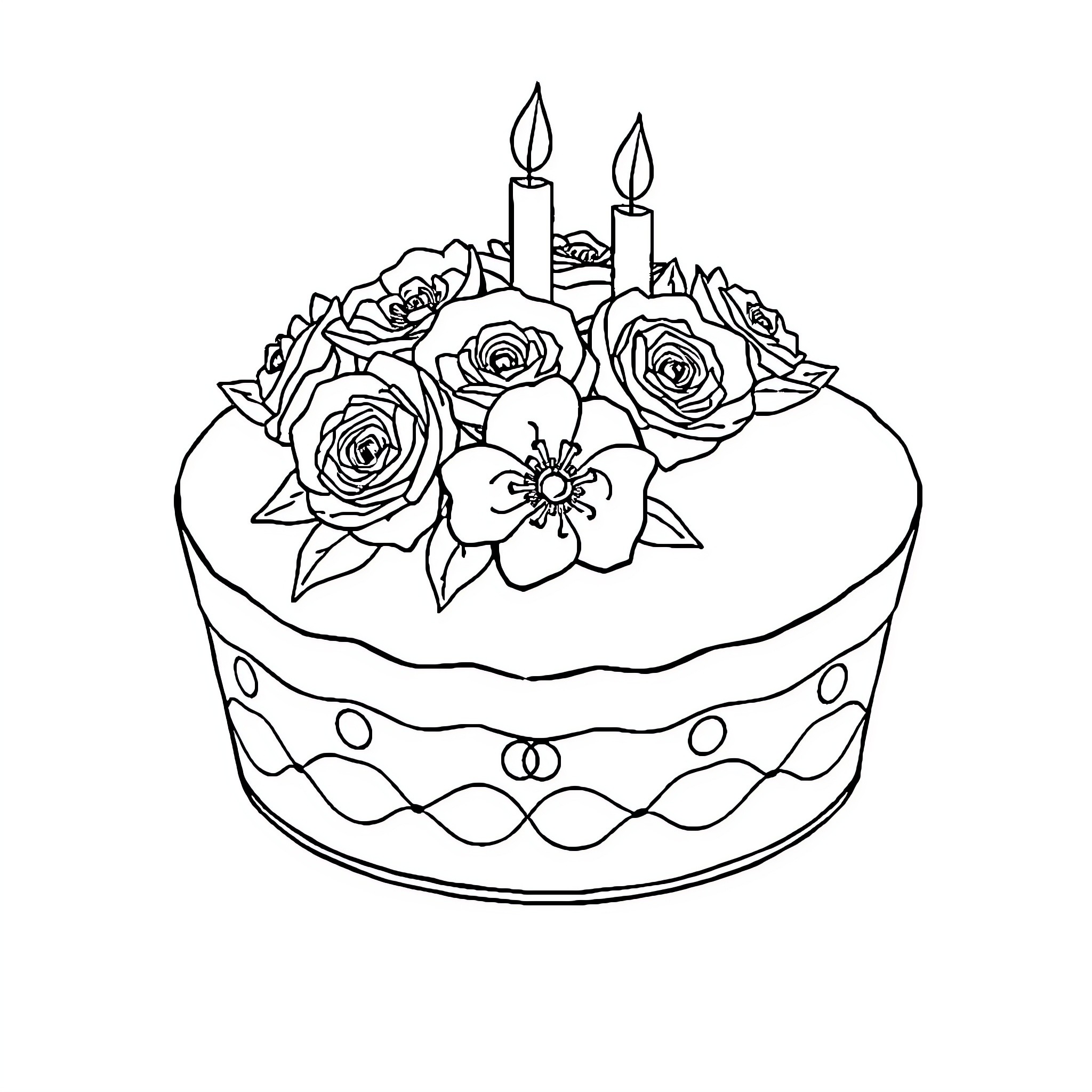 Birthday Cake with Floral Decorations Coloring Page (free black-and-white line drawing printable PDF for all, from beginners to advanced learners, including children, teens, adults, and seniors)