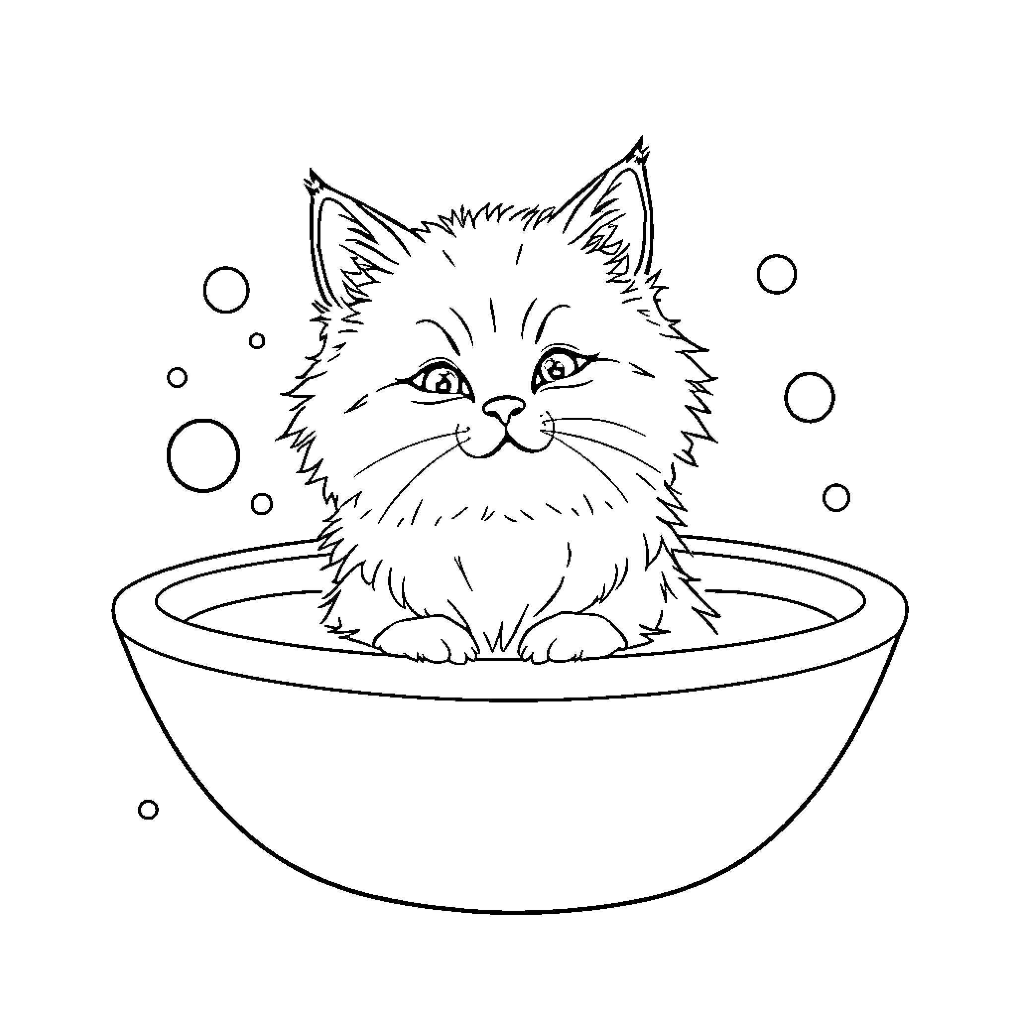 Cat relaxing in a cozy bowl Coloring Page (free black-and-white line drawing printable PDF for all, from beginners to advanced learners, including children, teens, adults, and seniors)