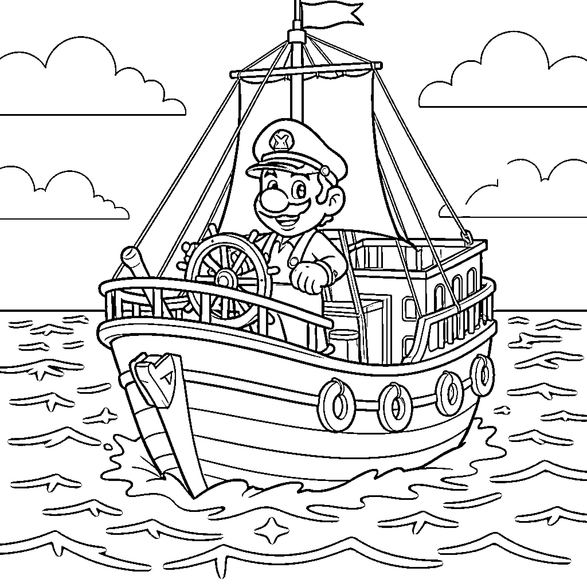 Mario sailing on a ship in the ocean Coloring Page (free black-and-white line drawing printable PDF for all, from beginners to advanced learners, including children, teens, adults, and seniors)