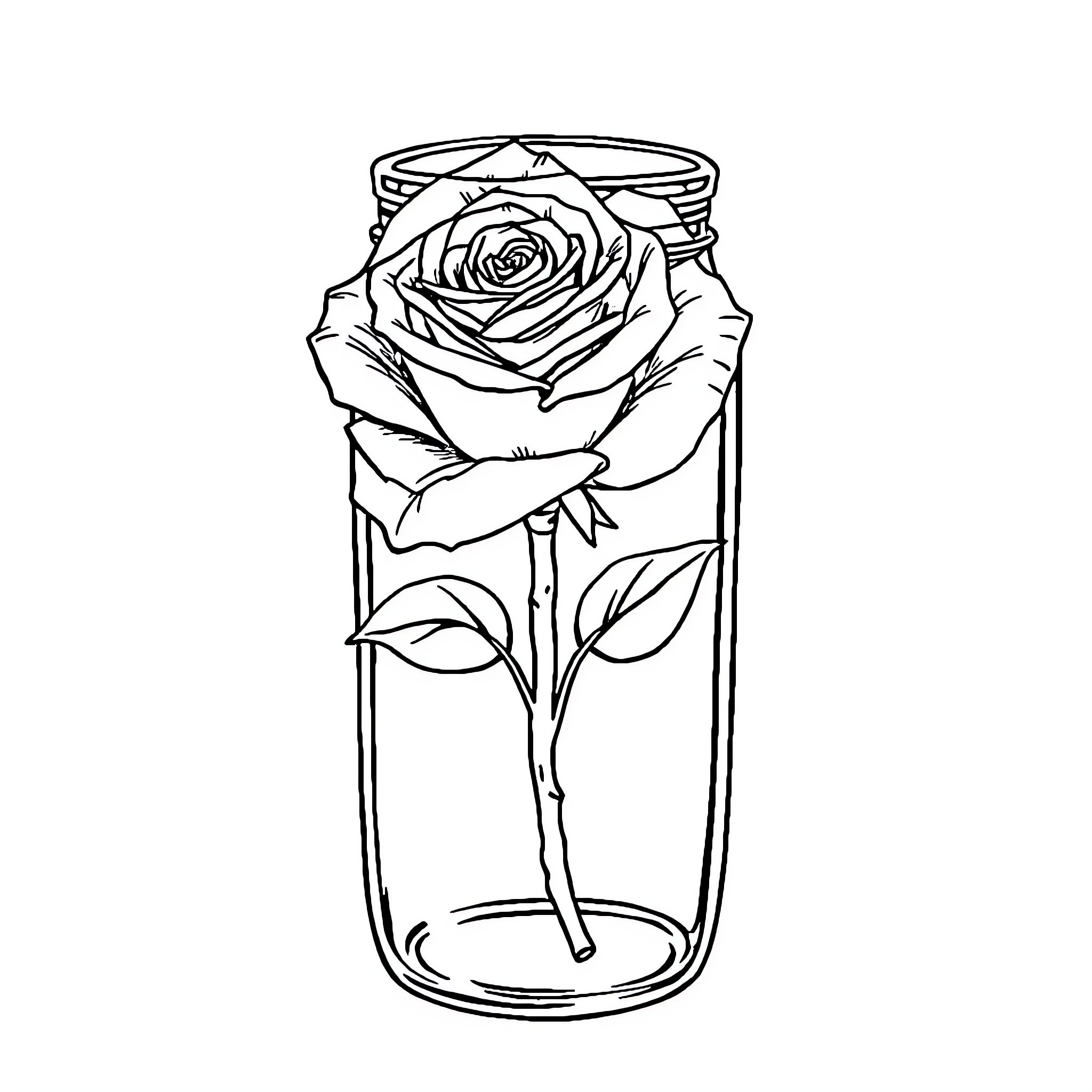Rose preserved in a glass jar Coloring Page (free black-and-white line drawing printable PDF for all, from beginners to advanced learners, including children, teens, adults, and seniors)