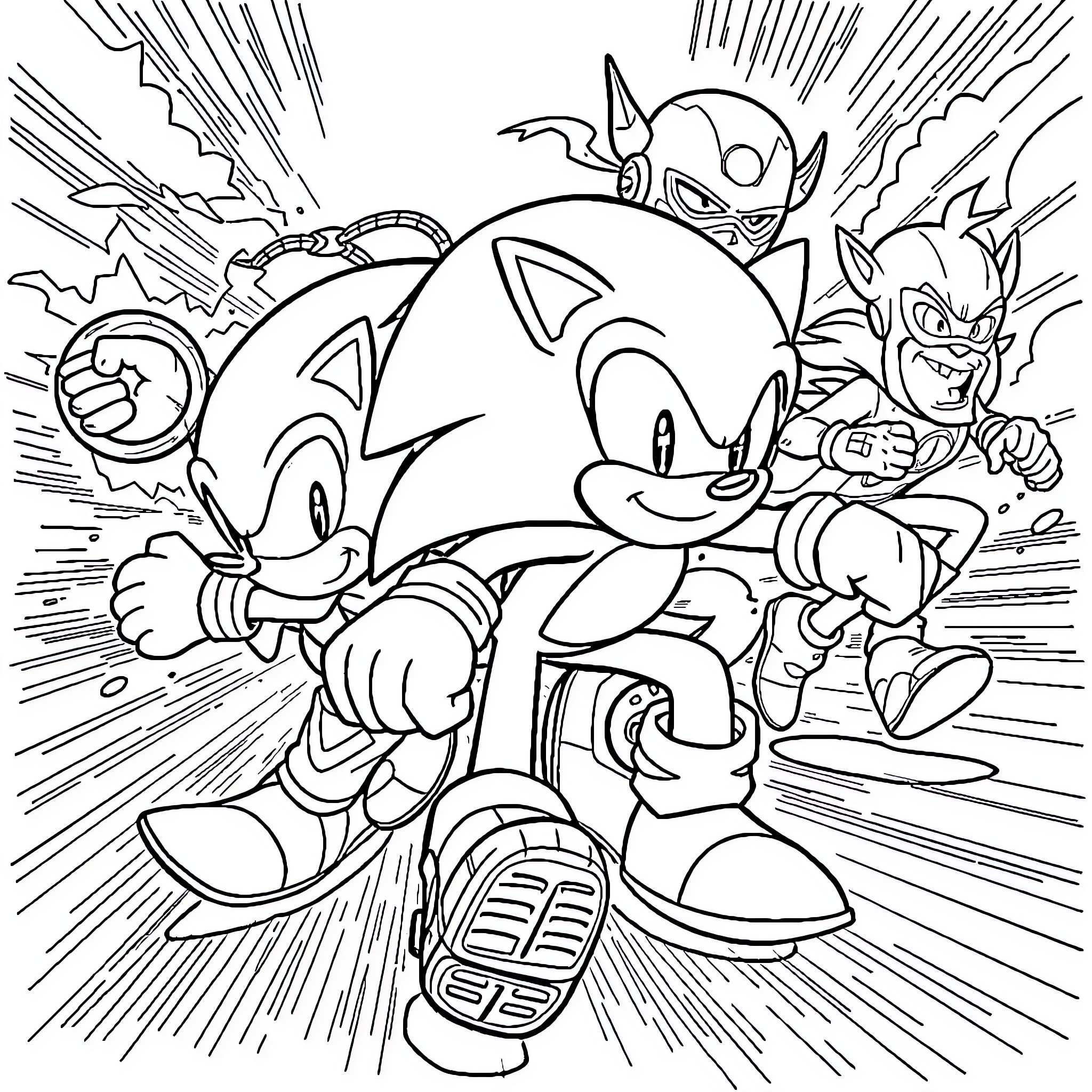 Sonic and Allies Engage in Action-Packed Adventure Coloring Page (free black-and-white line drawing printable PDF for all, from beginners to advanced learners, including children, teens, adults, and seniors)